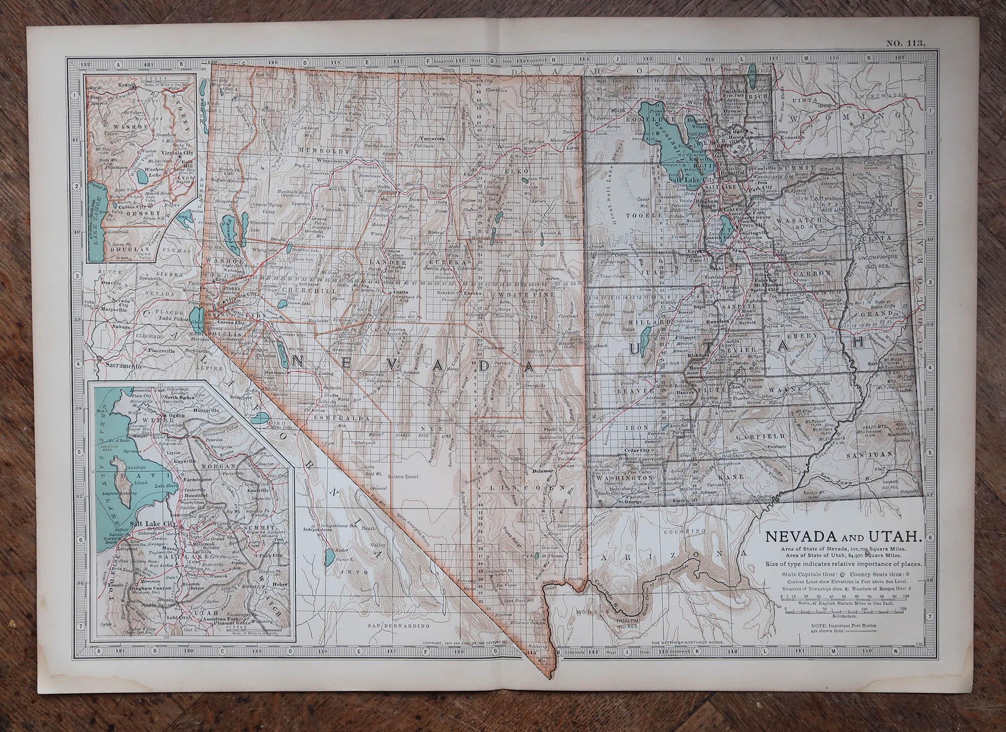 Original Antike Karte des amerikanischen Staates Nevada und Utah, 1903 (Sonstiges) im Angebot