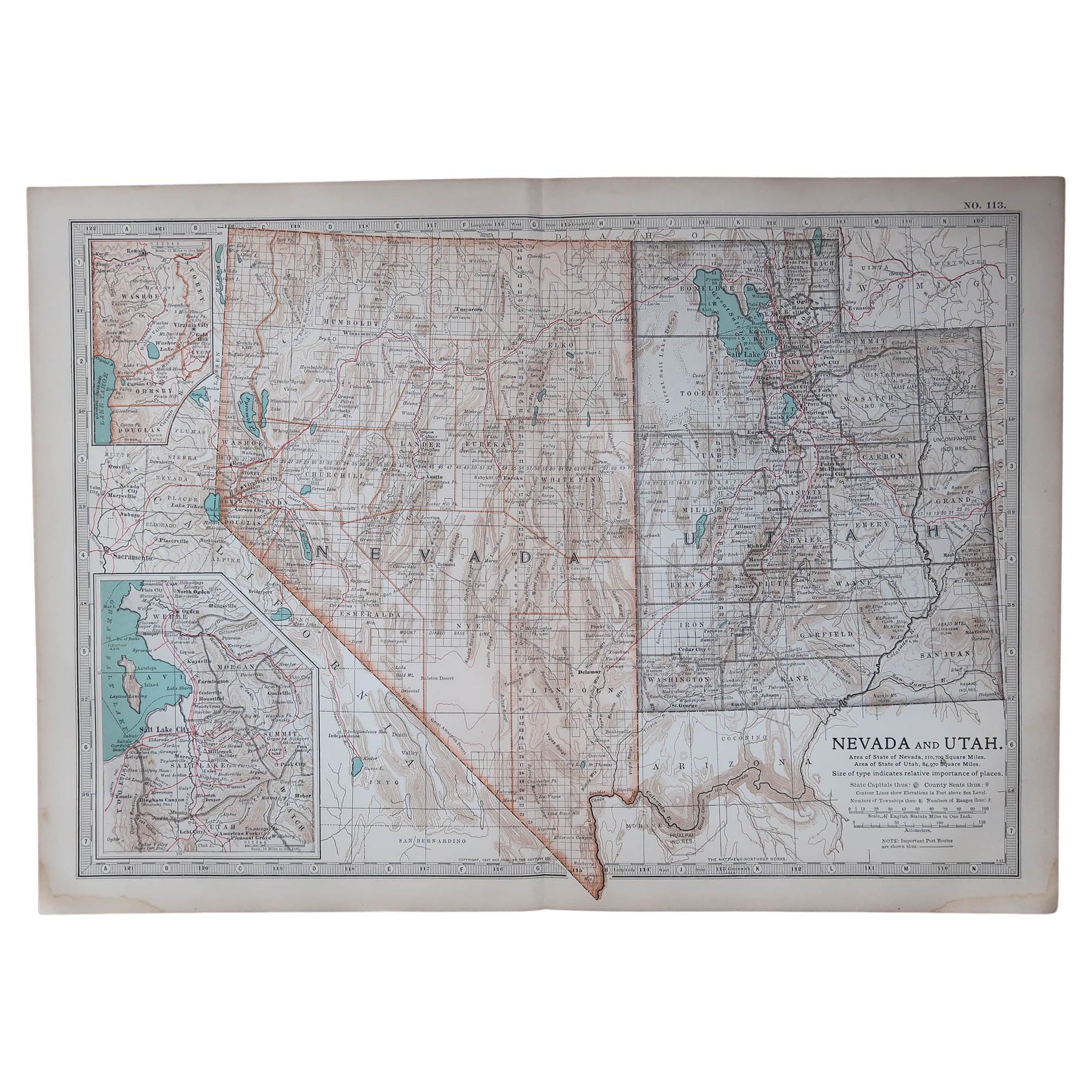 Original Antike Karte des amerikanischen Staates Nevada und Utah, 1903 im Angebot