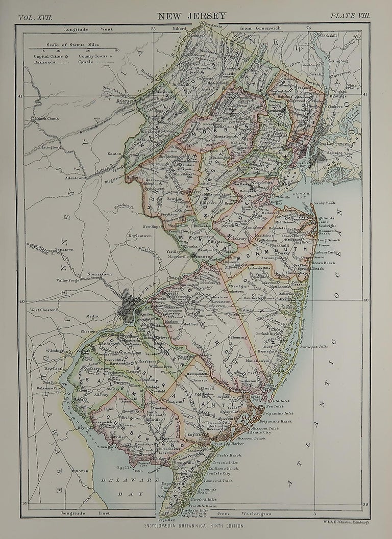 Original Antique Map of The American State of New Jersey, 1889 at 1stDibs