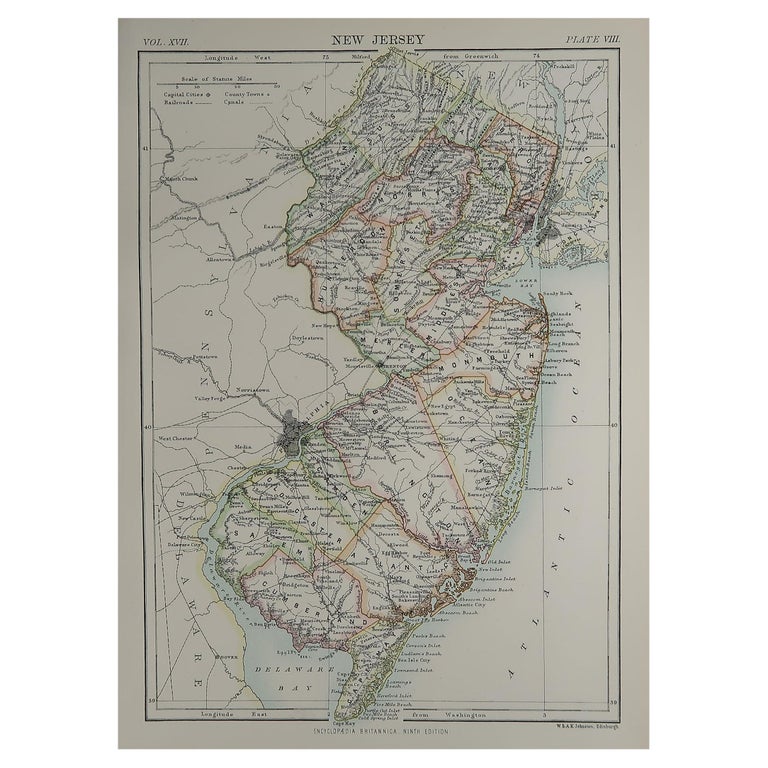 Original Antique Map of The American State of New Jersey, 1889 For Sale at  1stDibs