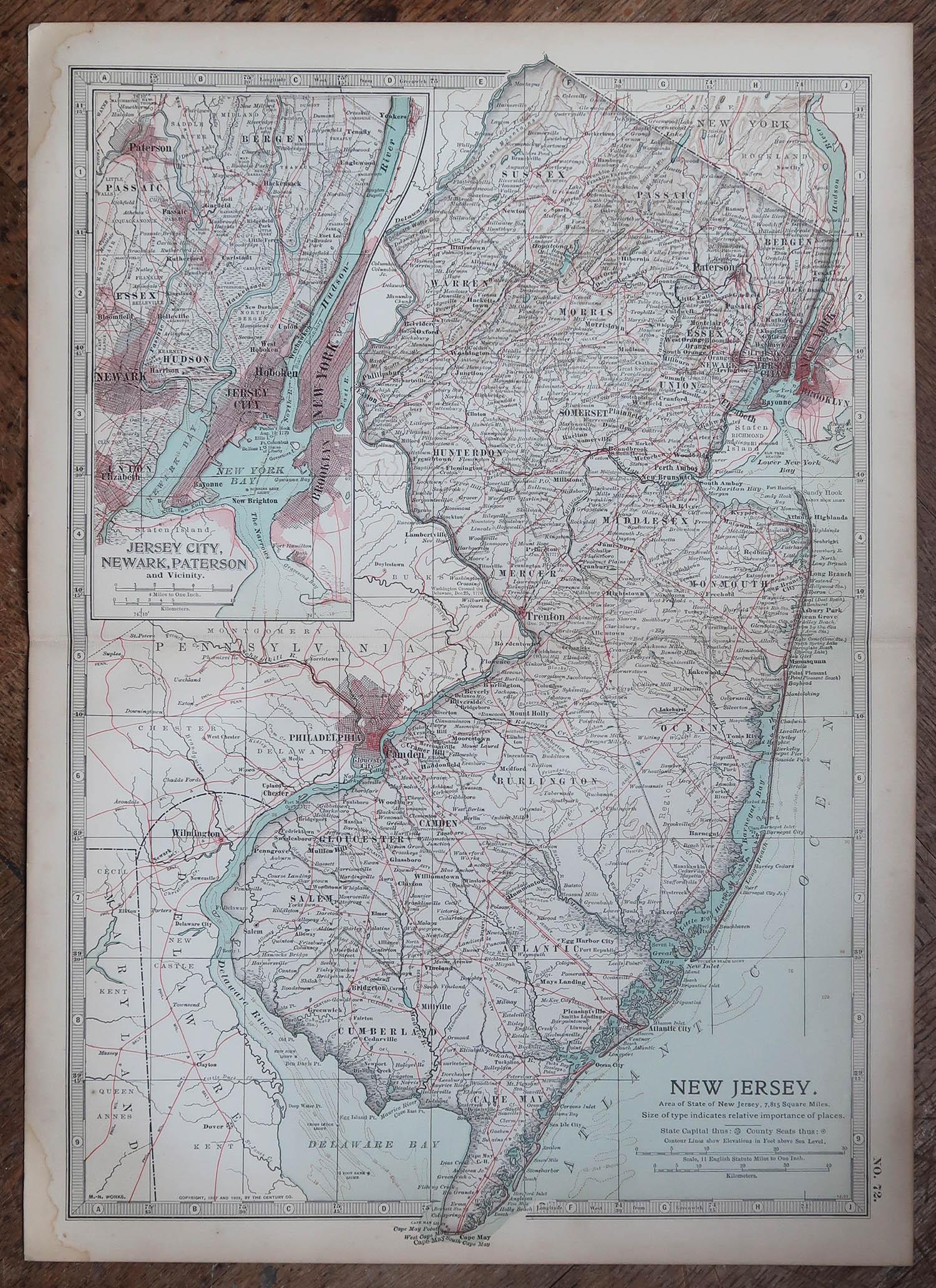 Anglais Carte ancienne de l'État américain du New Jersey, 1903 en vente