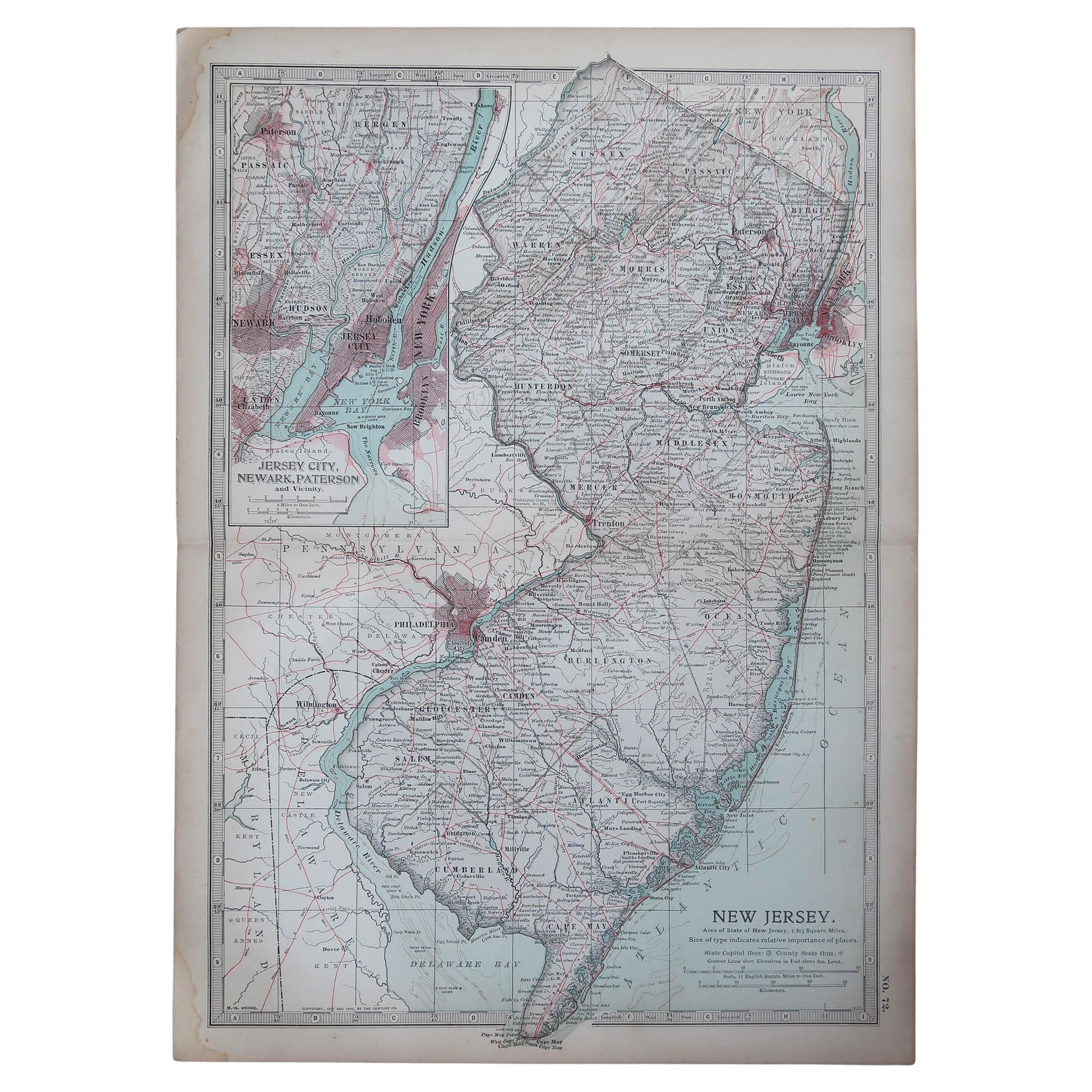 Original Antique Map of the American State of New Jersey, 1903