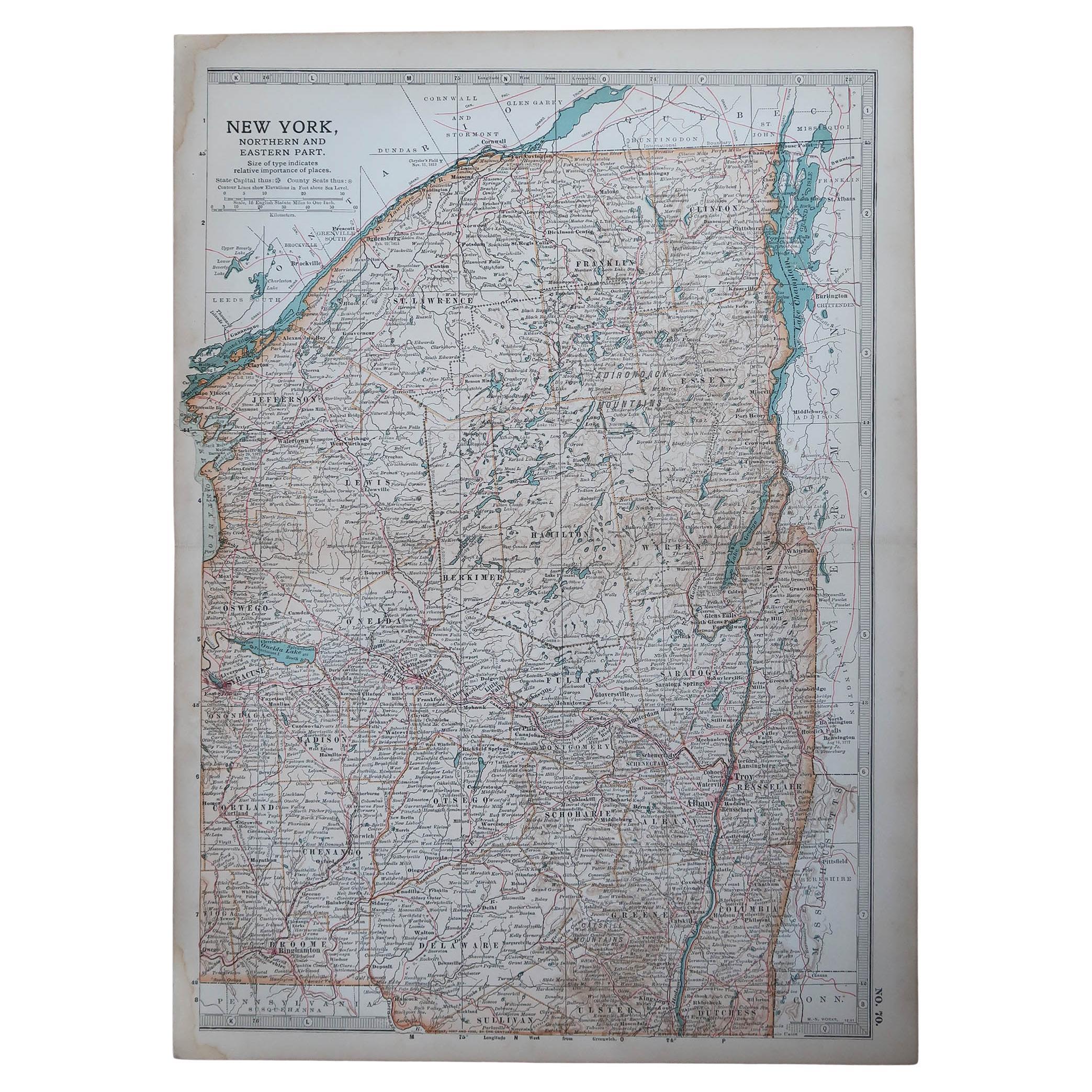 Original Antique Map of the American State of New York ( Northern Part ) 1903