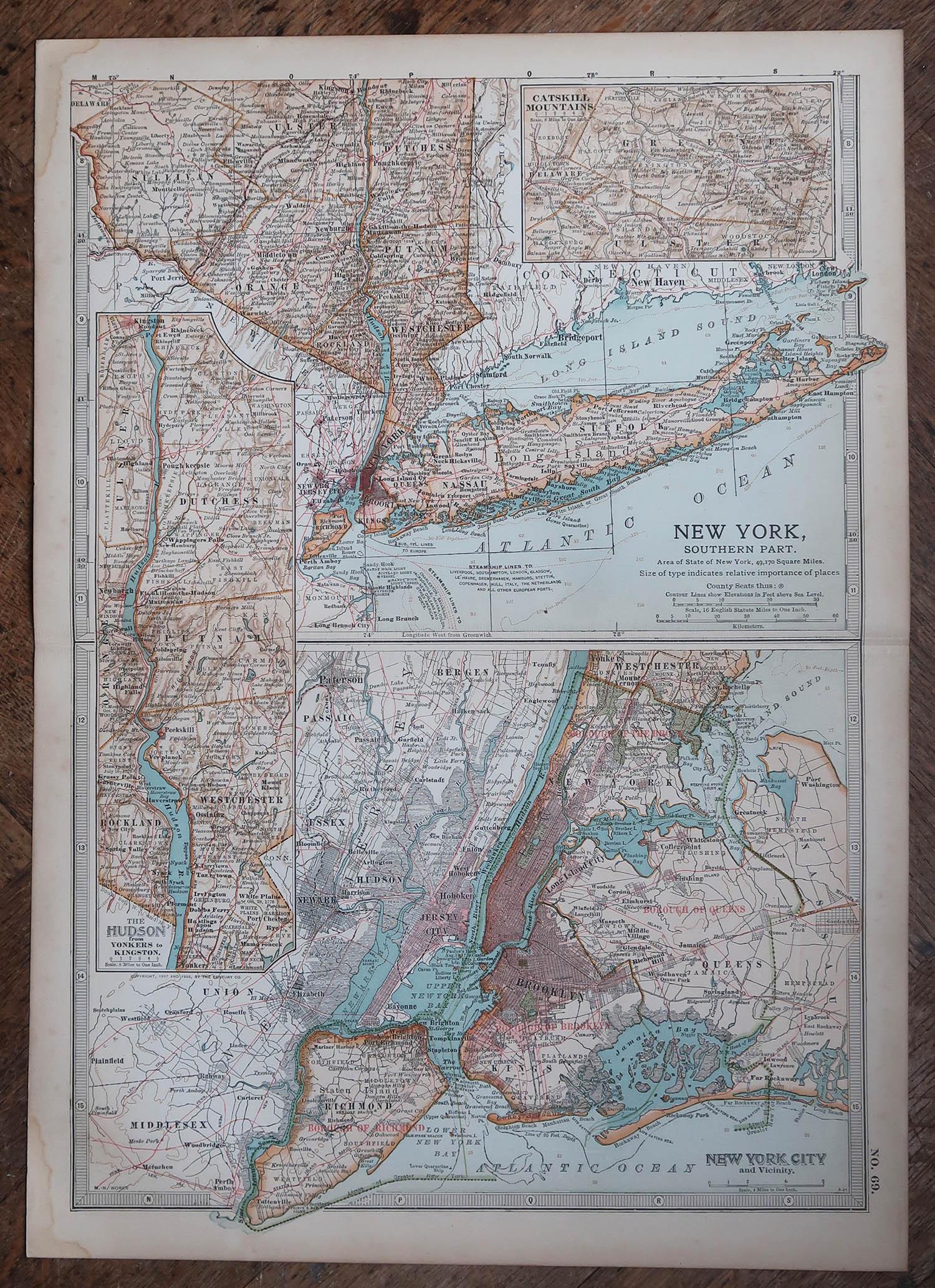 Autre Carte ancienne de l'État américain de New York (partie sud) 1903 en vente