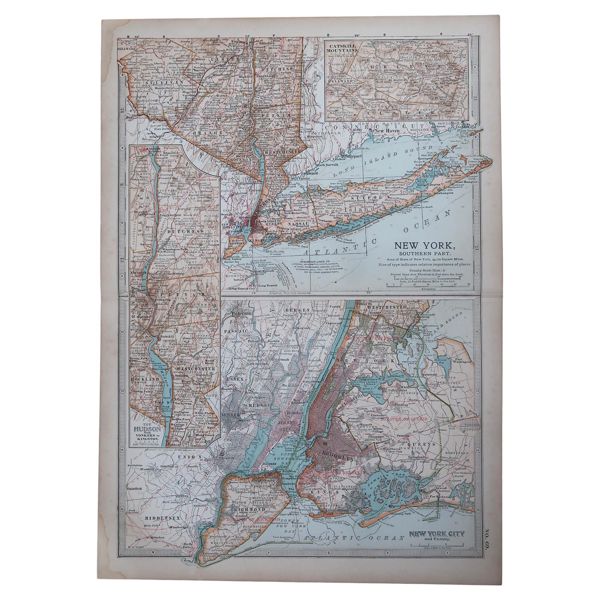 Original Antique Map of the American State of New York ( Southern Part ) 1903