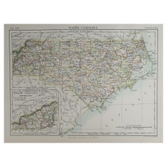 Original Antique Map of The American State of North Carolina, 1889