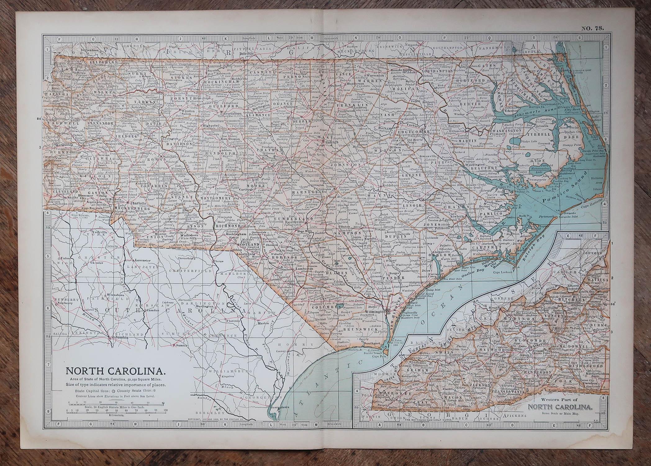 English Original Antique Map of the American State of North Carolina, 1903 For Sale