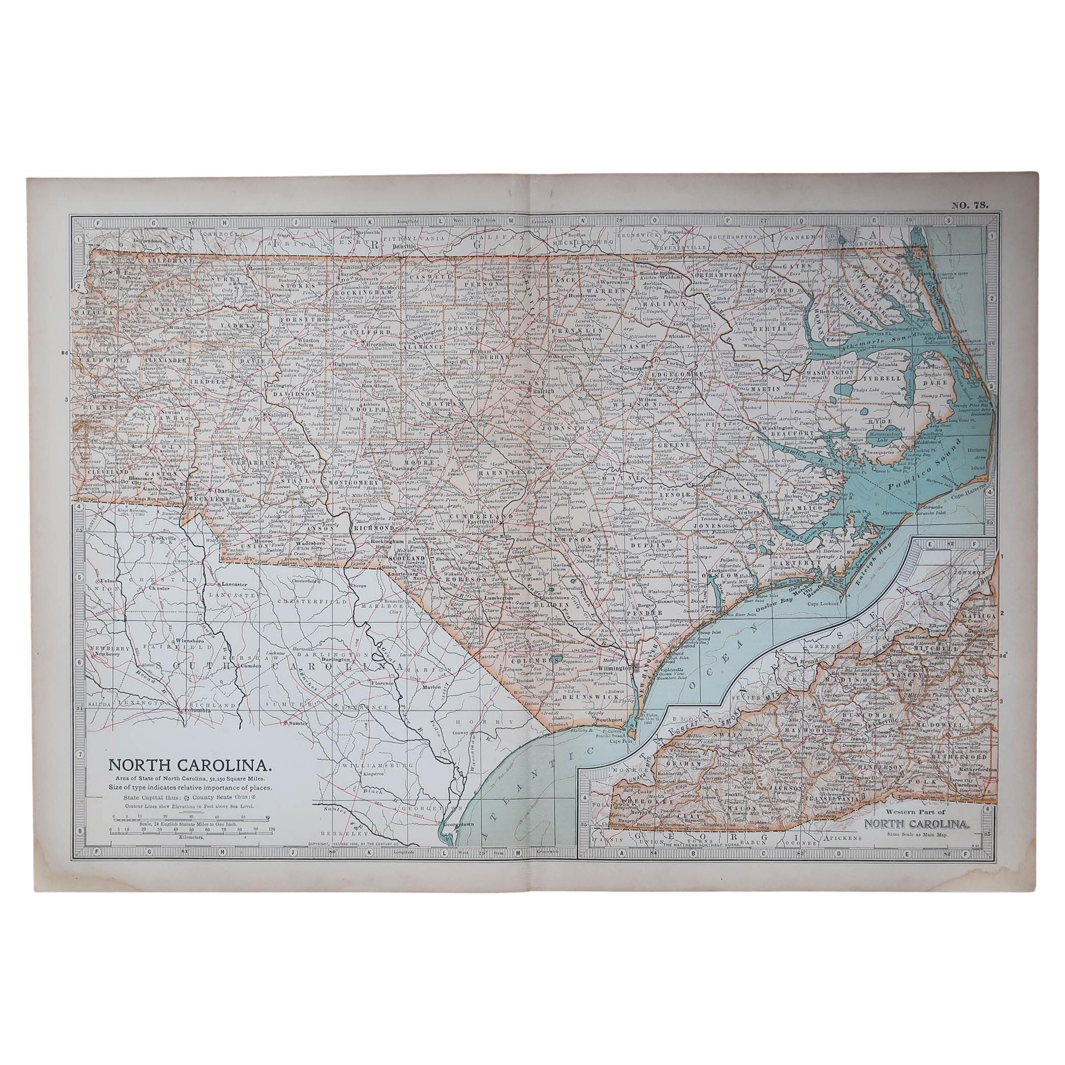 Original Antique Map of the American State of North Carolina, 1903