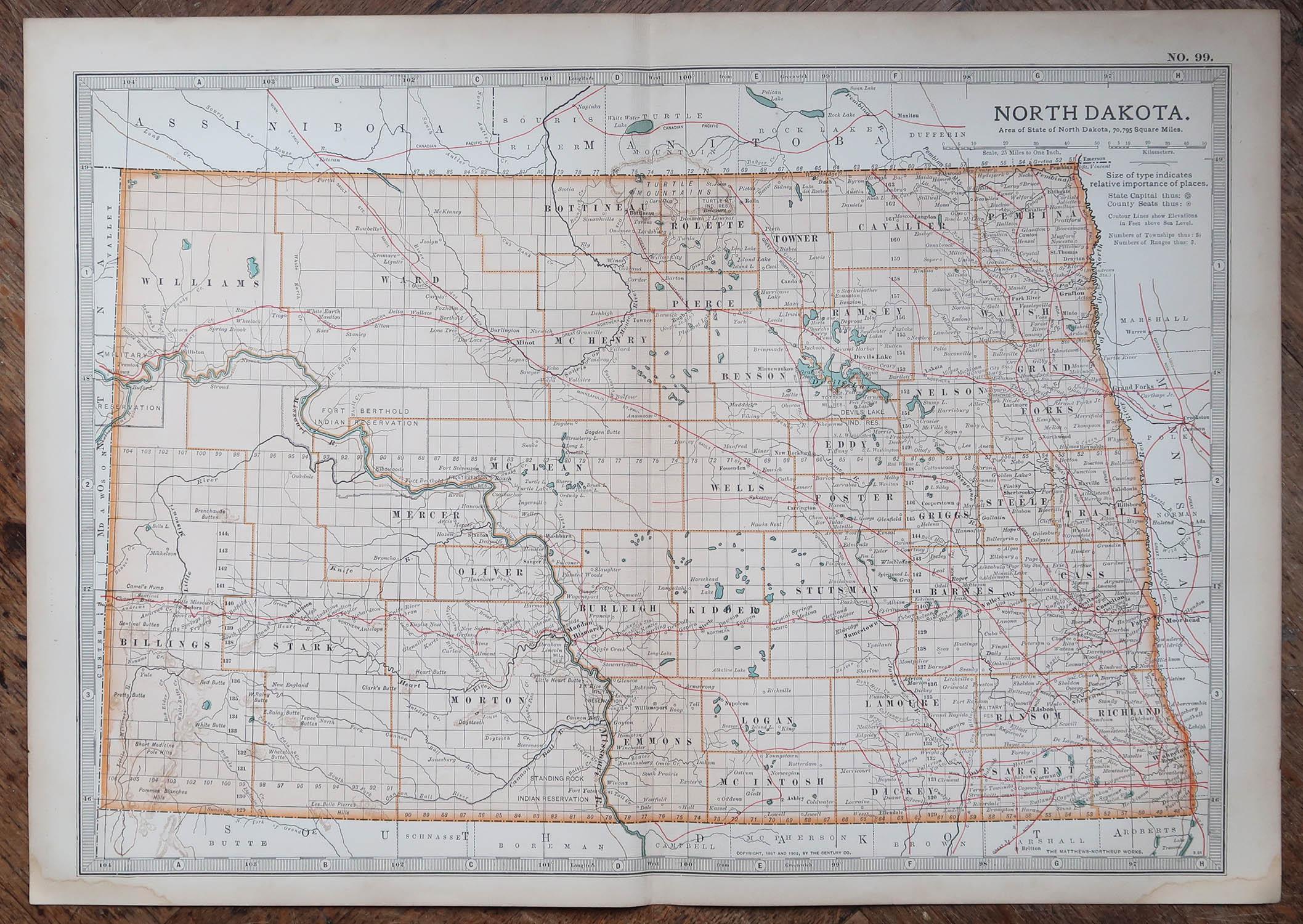 Other Original Antique Map of the American State of North Dakota, 1903 For Sale