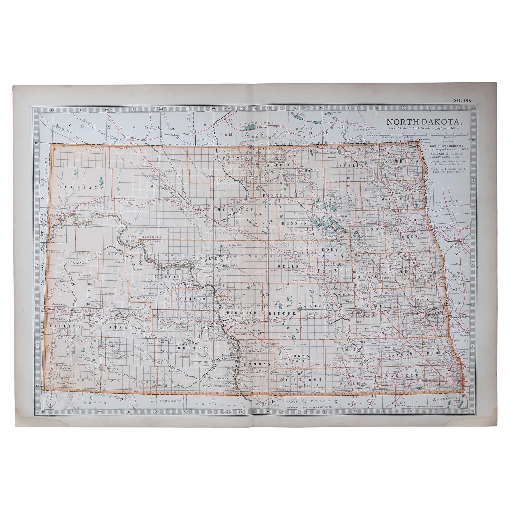 Original Antique Map of the American State of North Dakota, 1903