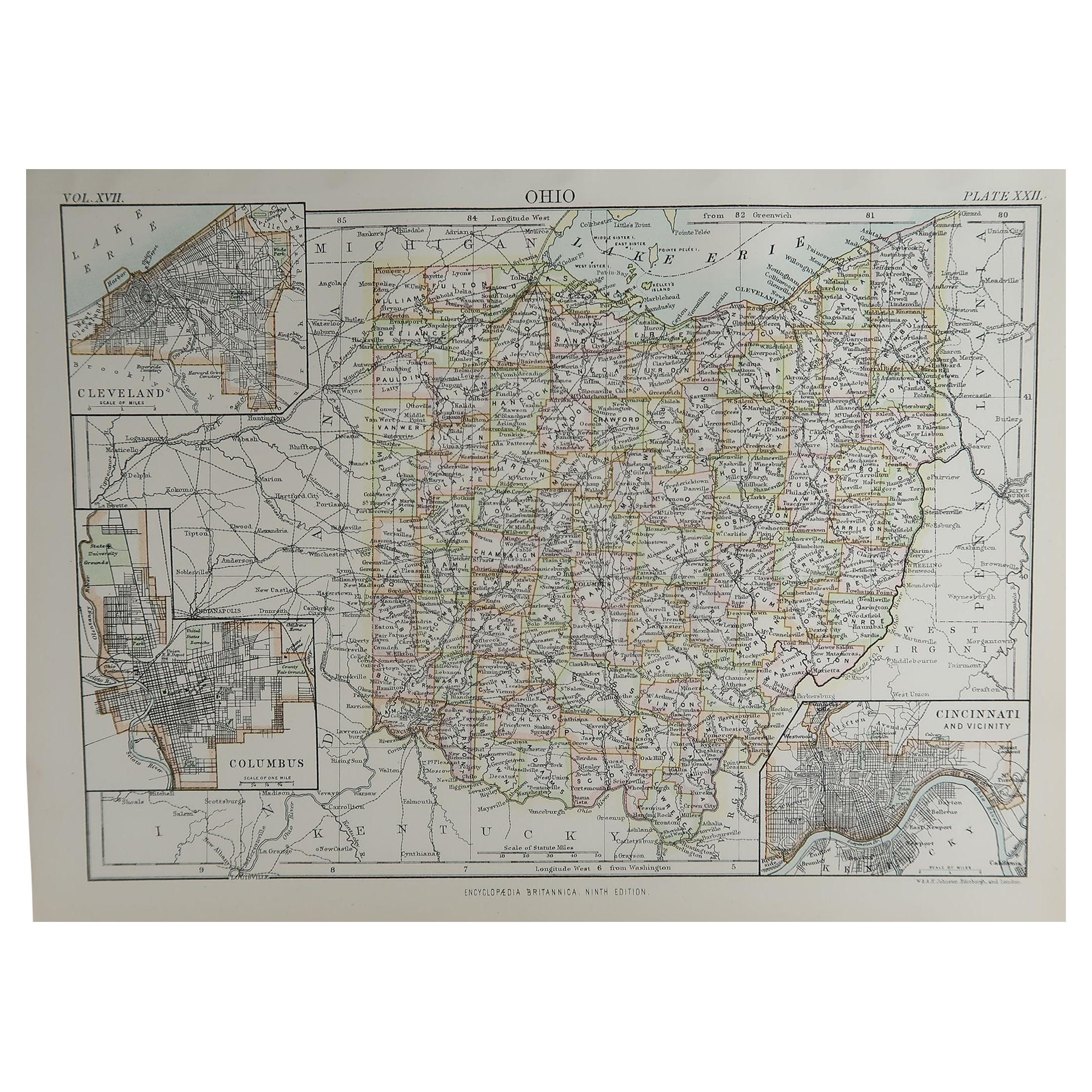 Original Antique Map of The American State of Ohio, 1889