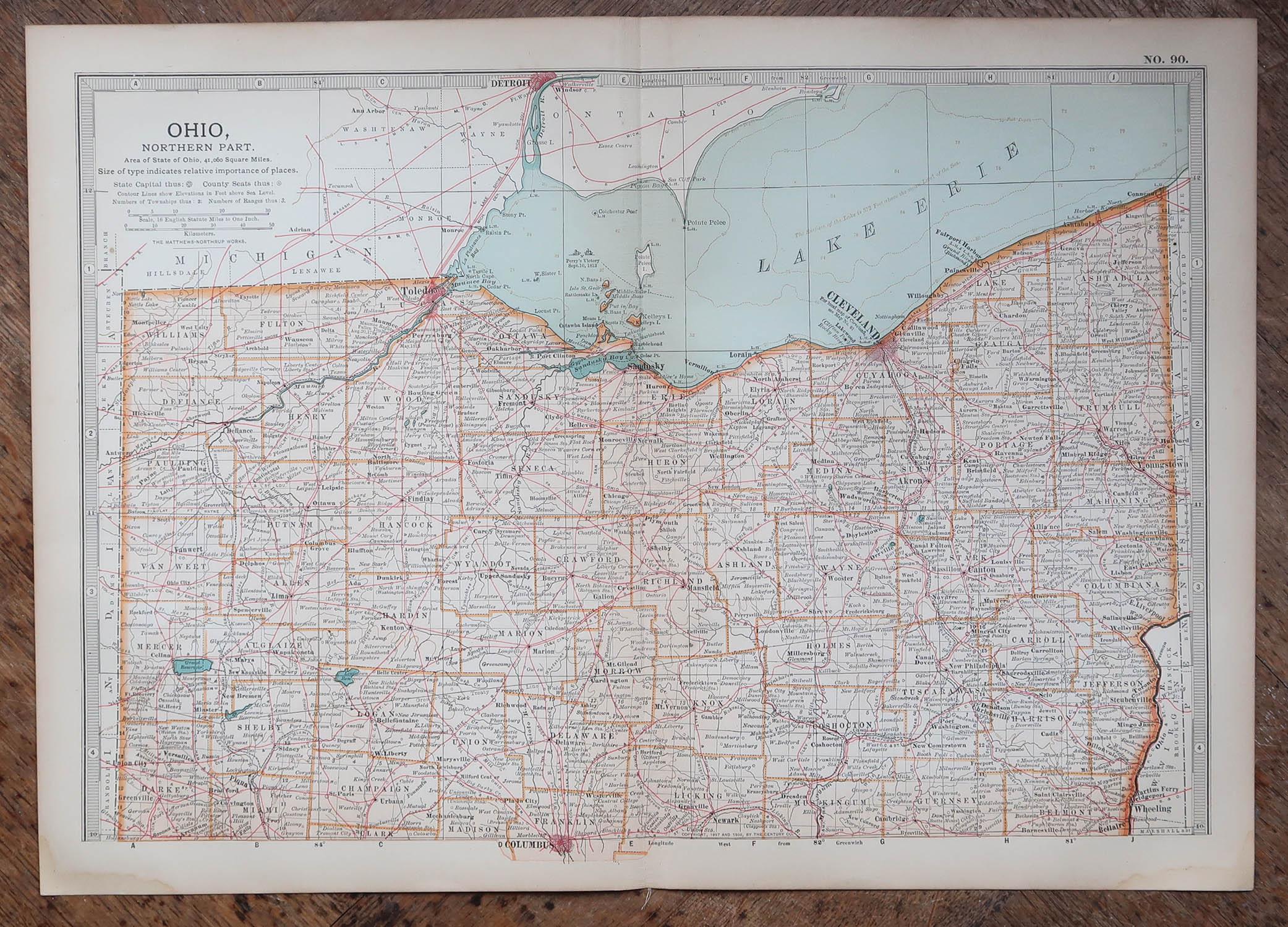Anglais Carte ancienne de l'État américain de l'Ohio (partie nord ), 1903 en vente