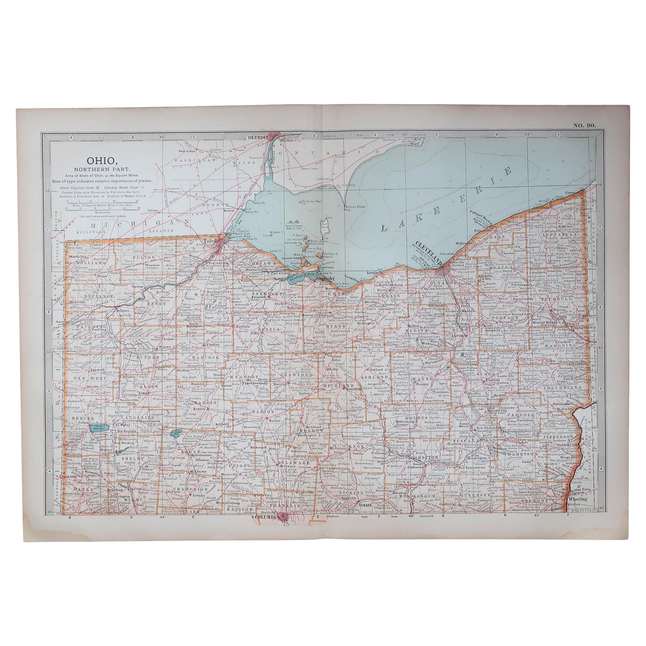 Original Antique Map of the American State of Ohio ( Northern Part ), 1903