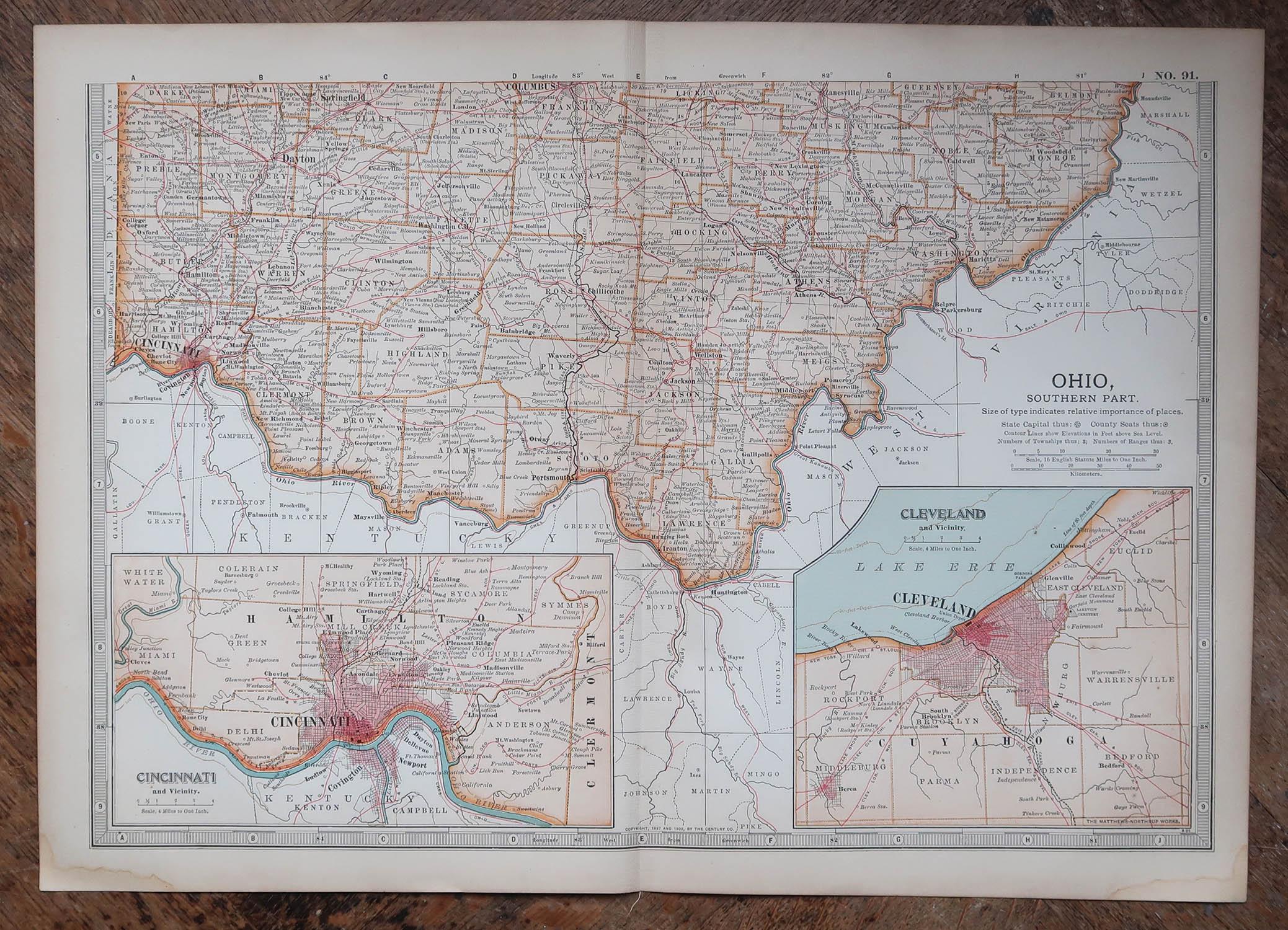 English Original Antique Map of the American State of Ohio ( Southern Part ), 1903 For Sale