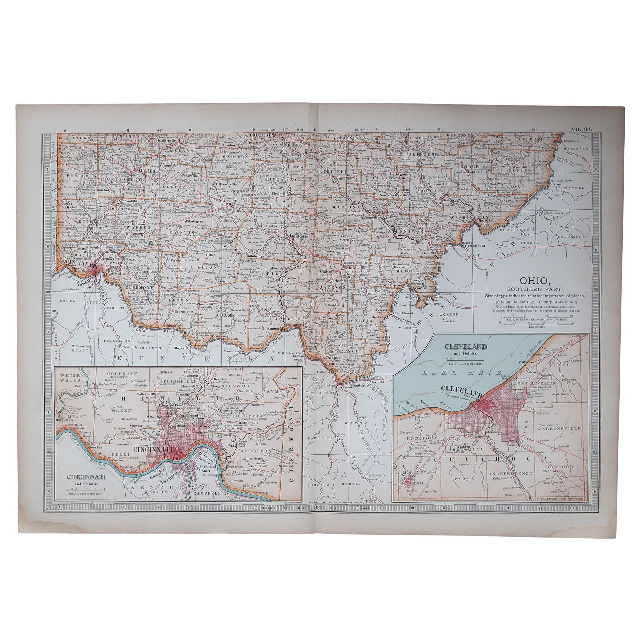 Original Antique Map of the American State of Ohio ( Southern Part ), 1903 For Sale