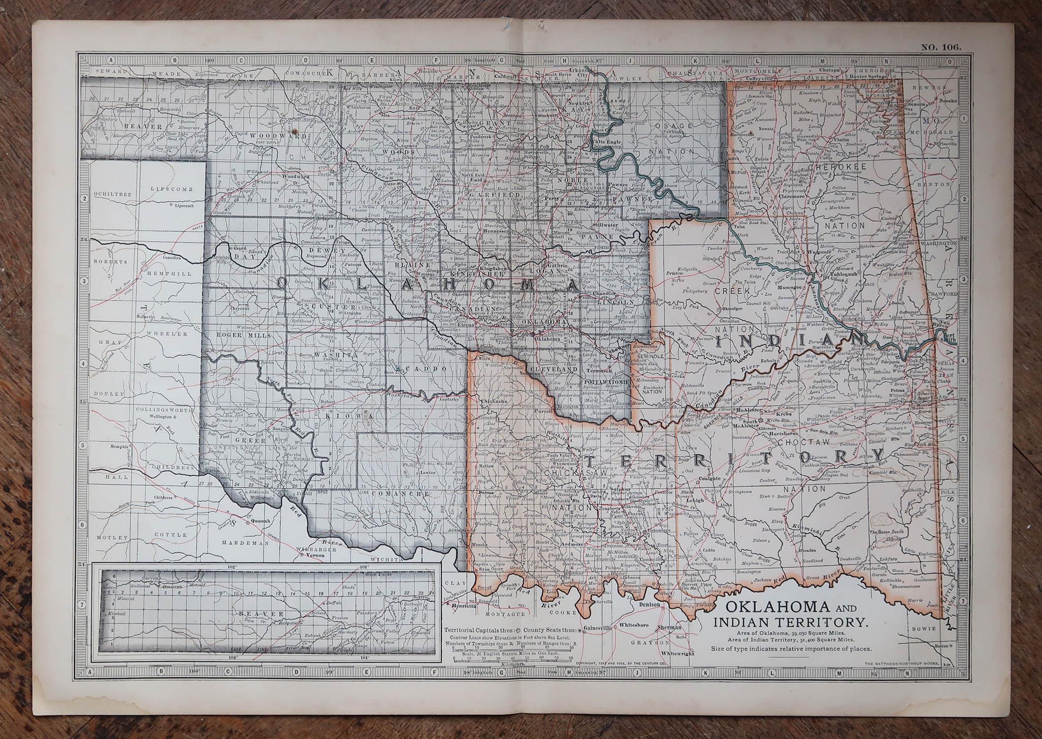 English Original Antique Map of the American State of Oklahoma, 1903 For Sale