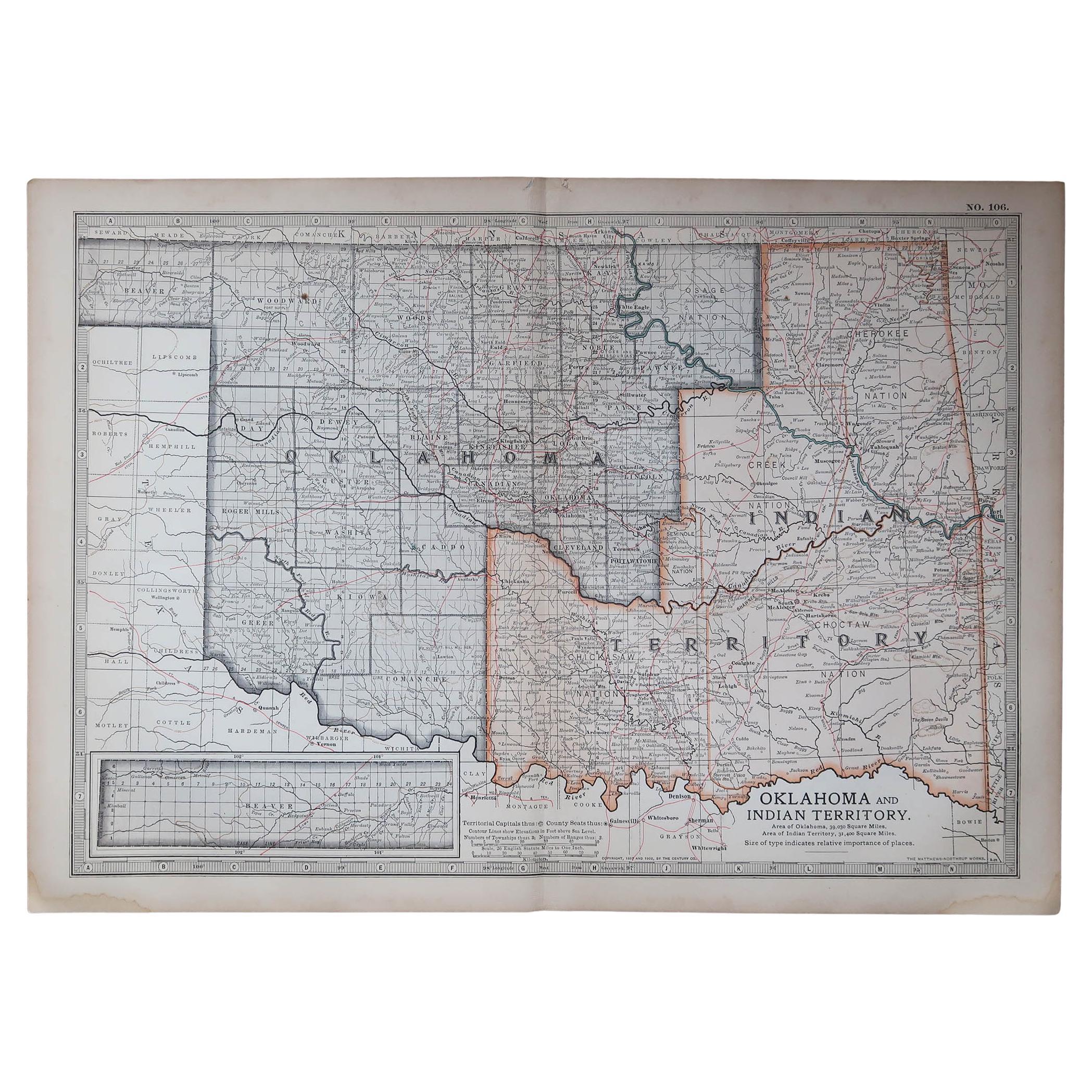 Mapa original antiguo del estado norteamericano de Oklahoma, 1903