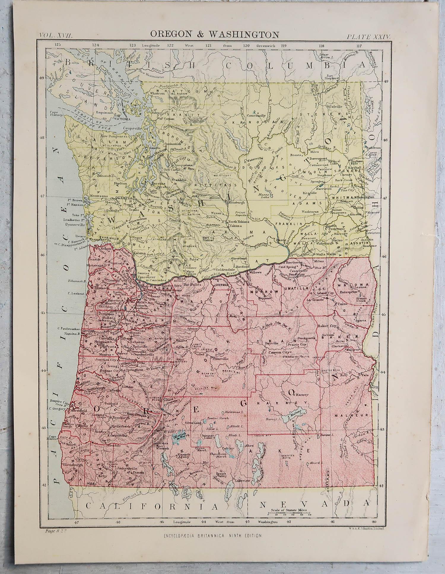 Écossais Carte ancienne d'origine de l'État américain de l'Oregon, 1889 en vente