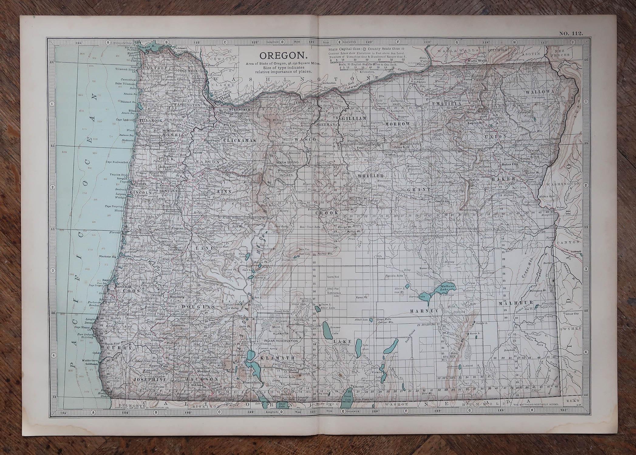 Anglais Carte ancienne d'origine de l'État américain de l'Oregon, 1903 en vente