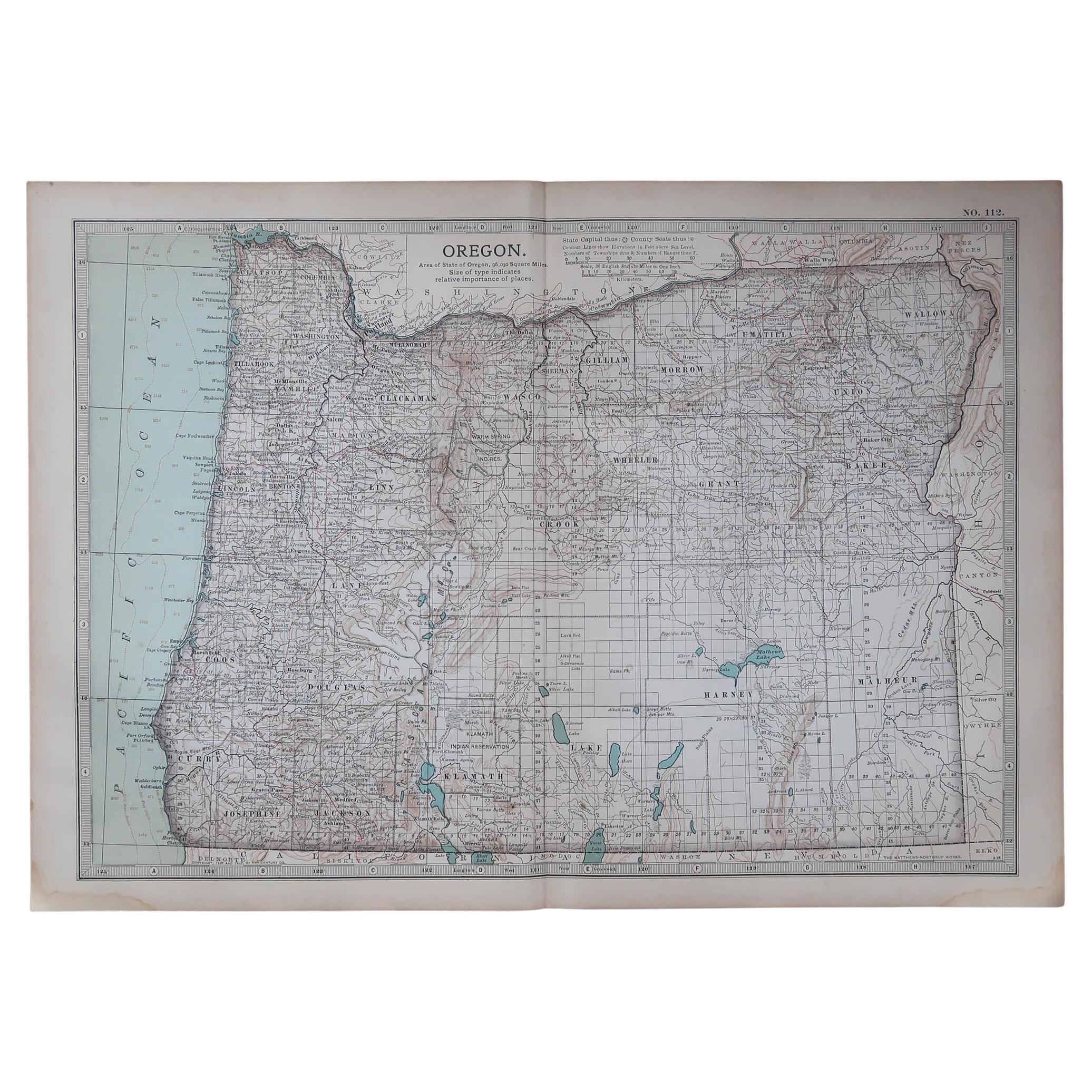 Mapa original antiguo del estado norteamericano de Oregón, 1903