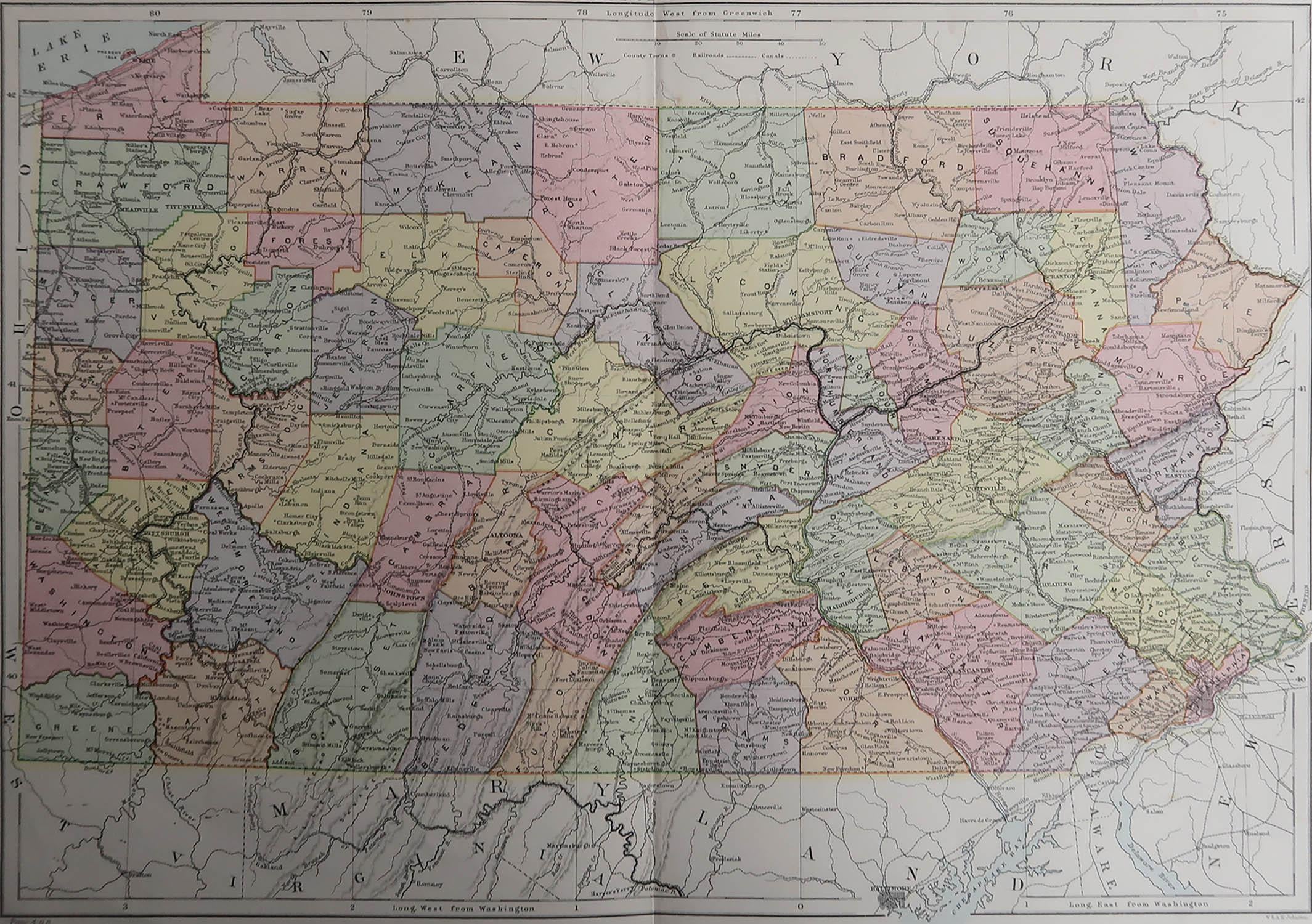 Great map of Pennsylvania

Drawn and Engraved by W. & A.K. Johnston

Published By A & C Black, Edinburgh.

Original colour

Unframed.

Repair to a minor tear on bottom edge.








