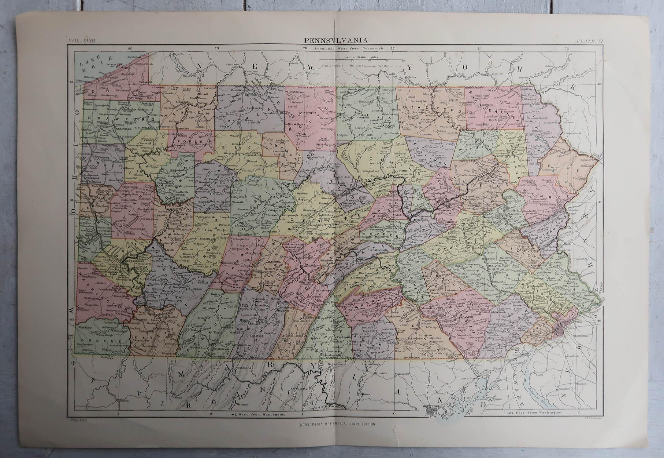 Victorian Original Antique Map of the American State of Pennsylvania, 1889 For Sale