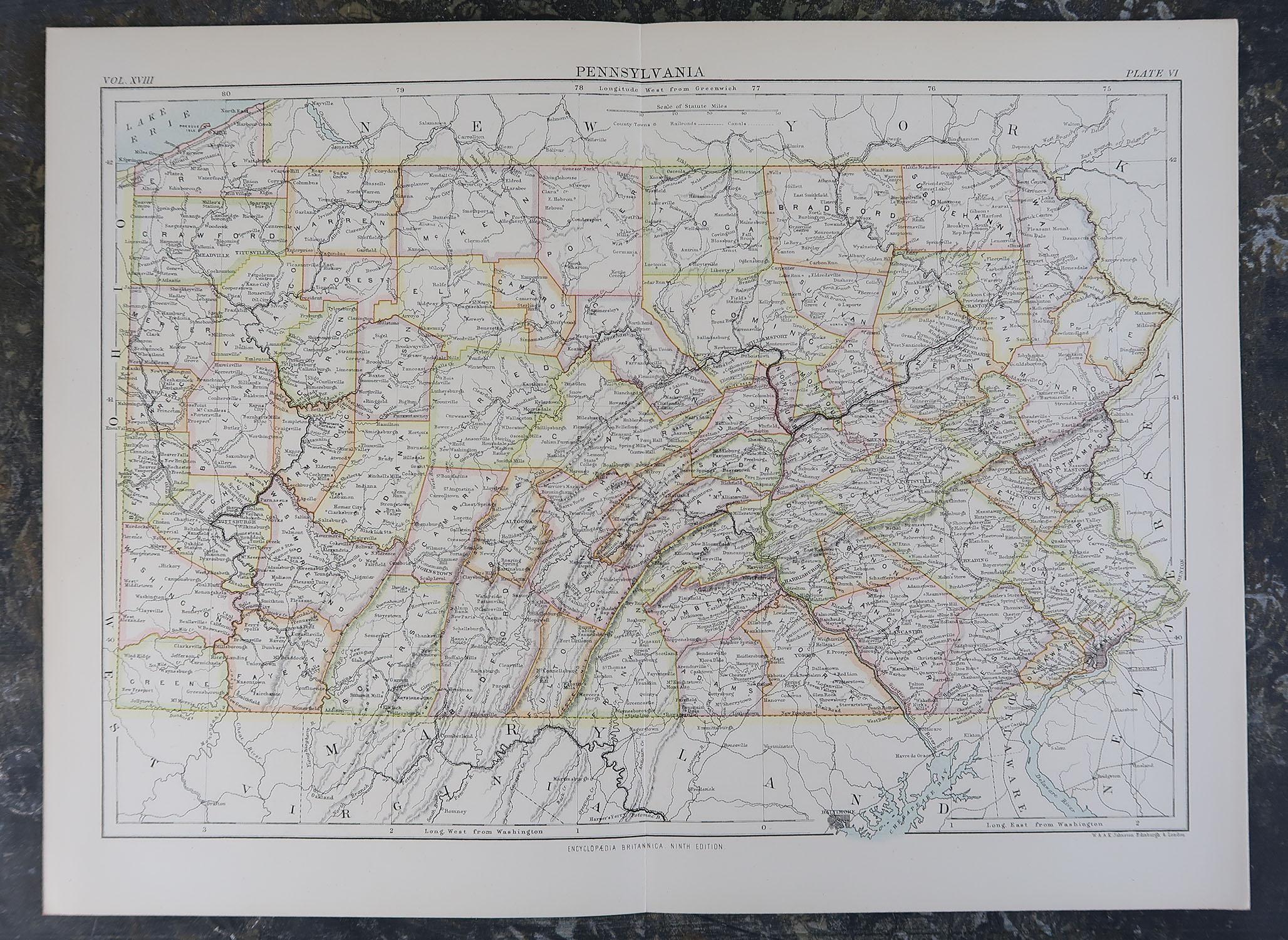 Scottish Original Antique Map of The American State of Pennsylvania, 1889