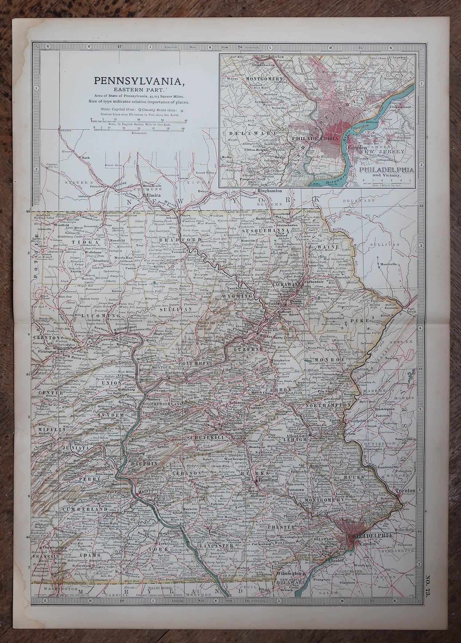 Other Original Antique Map of the American State of Pennsylvania( Eastern Part ), 1903 For Sale