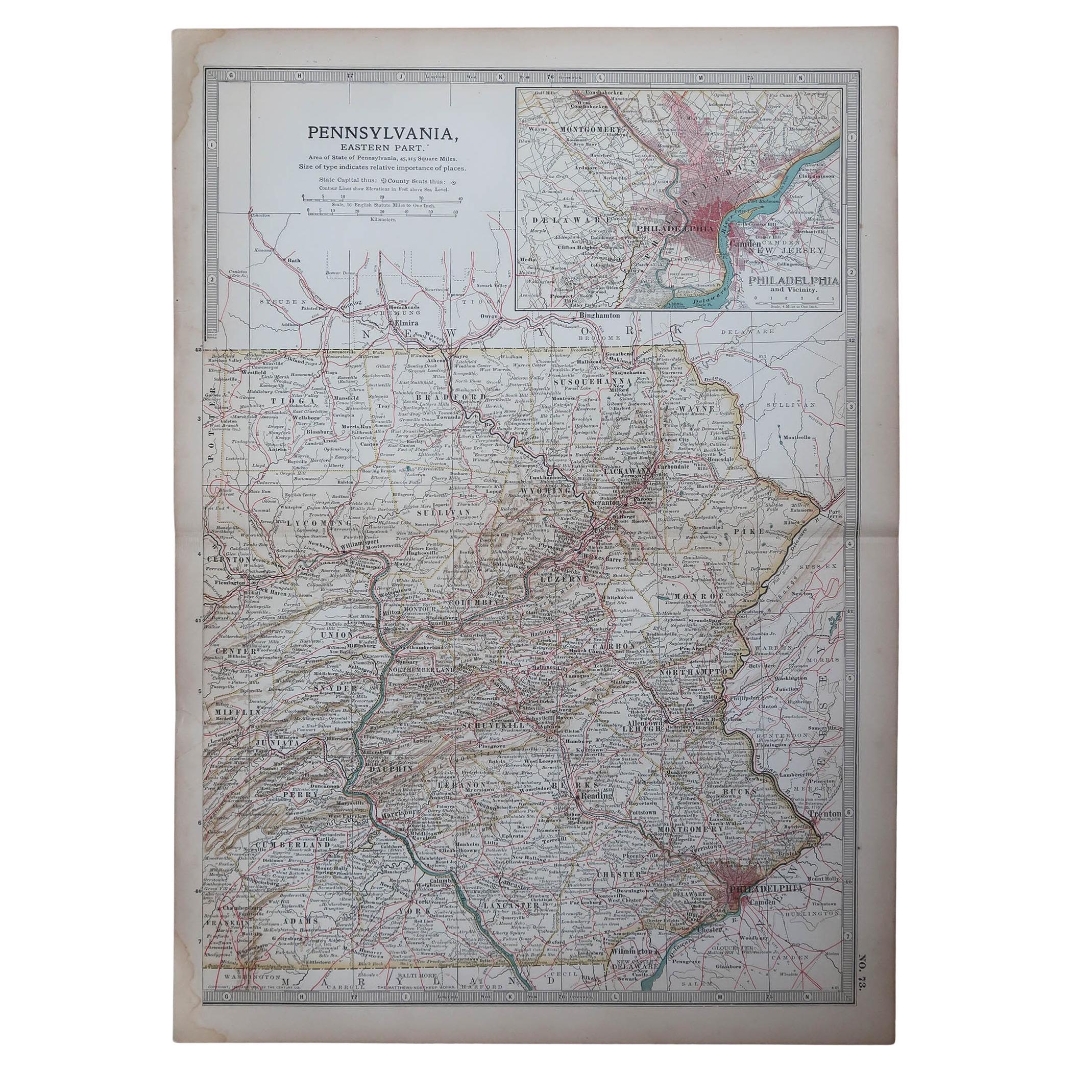 Original Antique Map of the American State of Pennsylvania( Eastern Part ), 1903