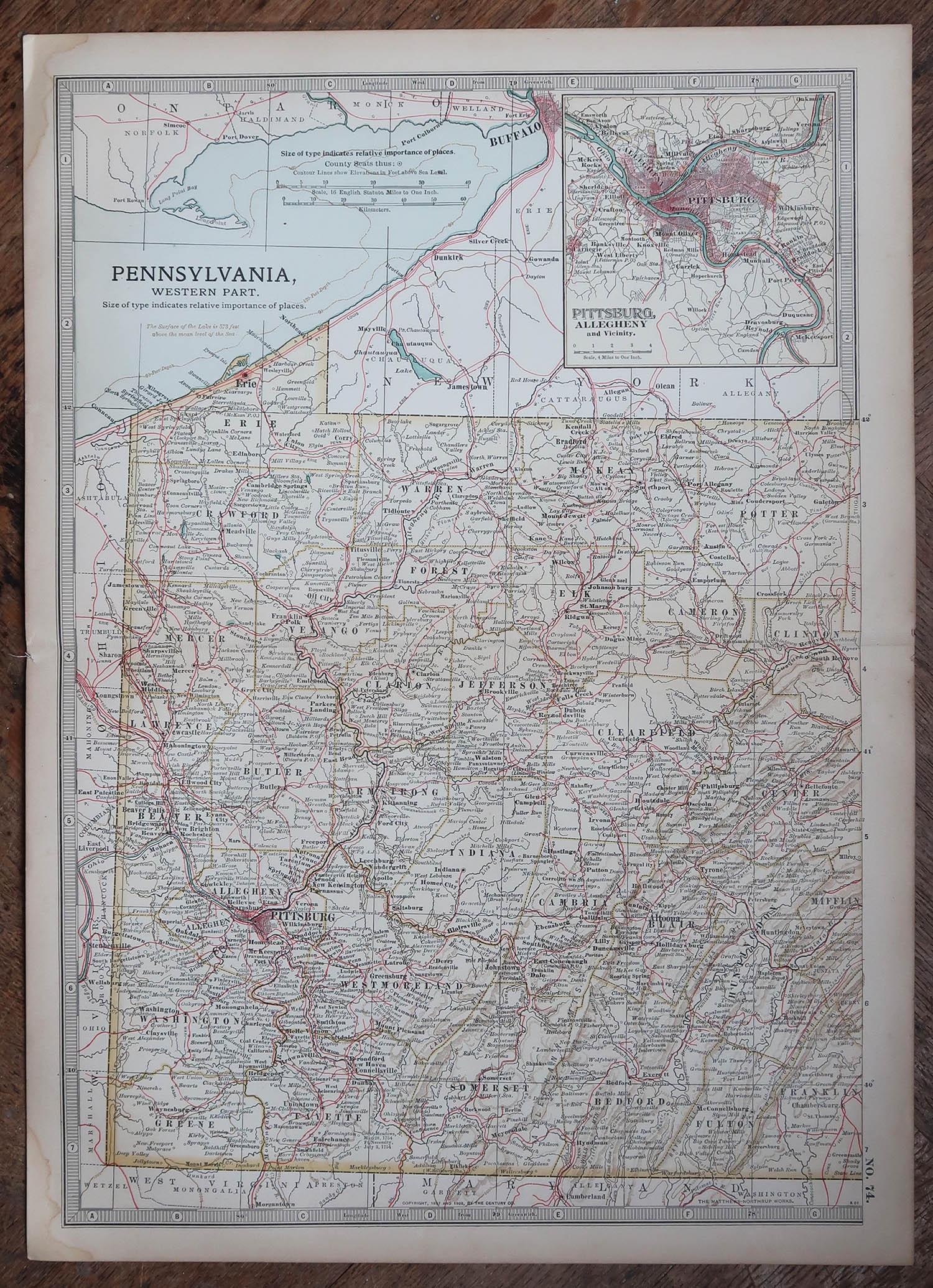 Antique map of Pennsylvania ( Western part )

Published By A & C Black. 1903

Original colour

Good condition

Unframed.

Free shipping








