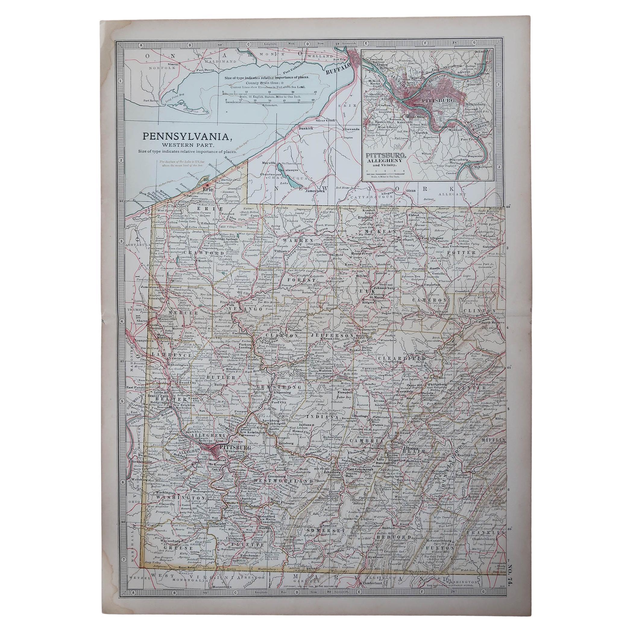 Original Antique Map of the American State of Pennsylvania( Western Part ), 1903