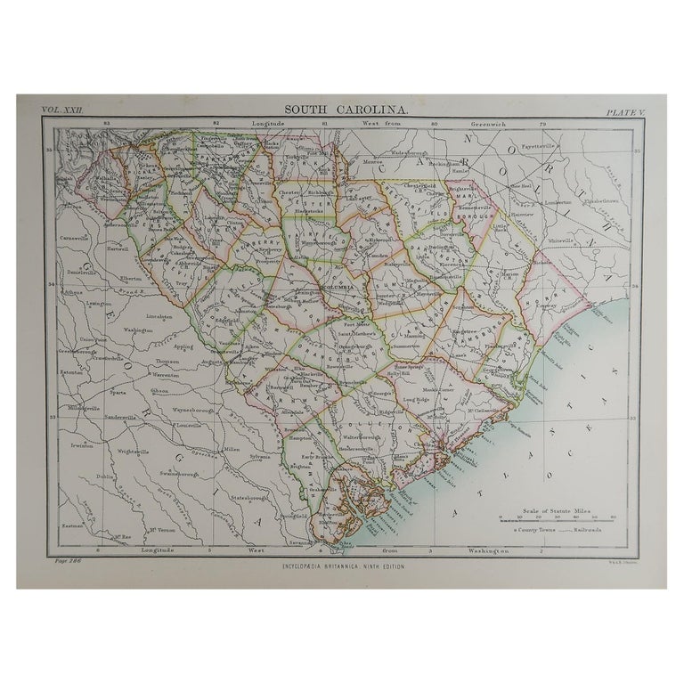Original Antique Map of The American State of South Carolina, 1889 at ...