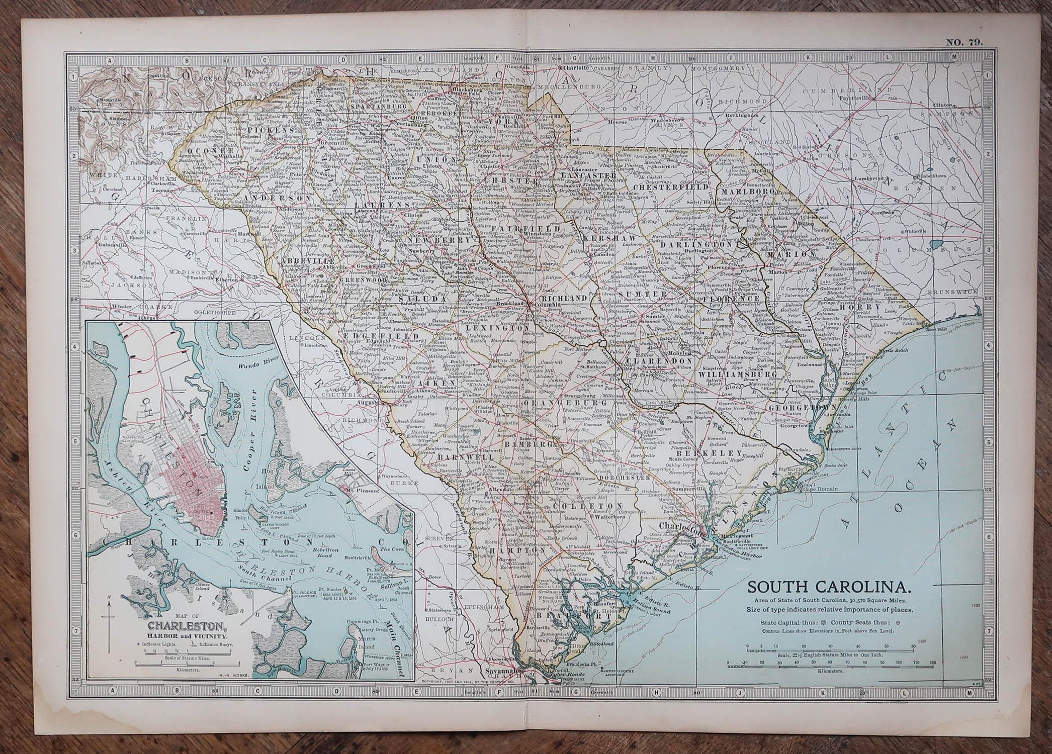 English Original Antique Map of the American State of South Carolina, 1903 For Sale