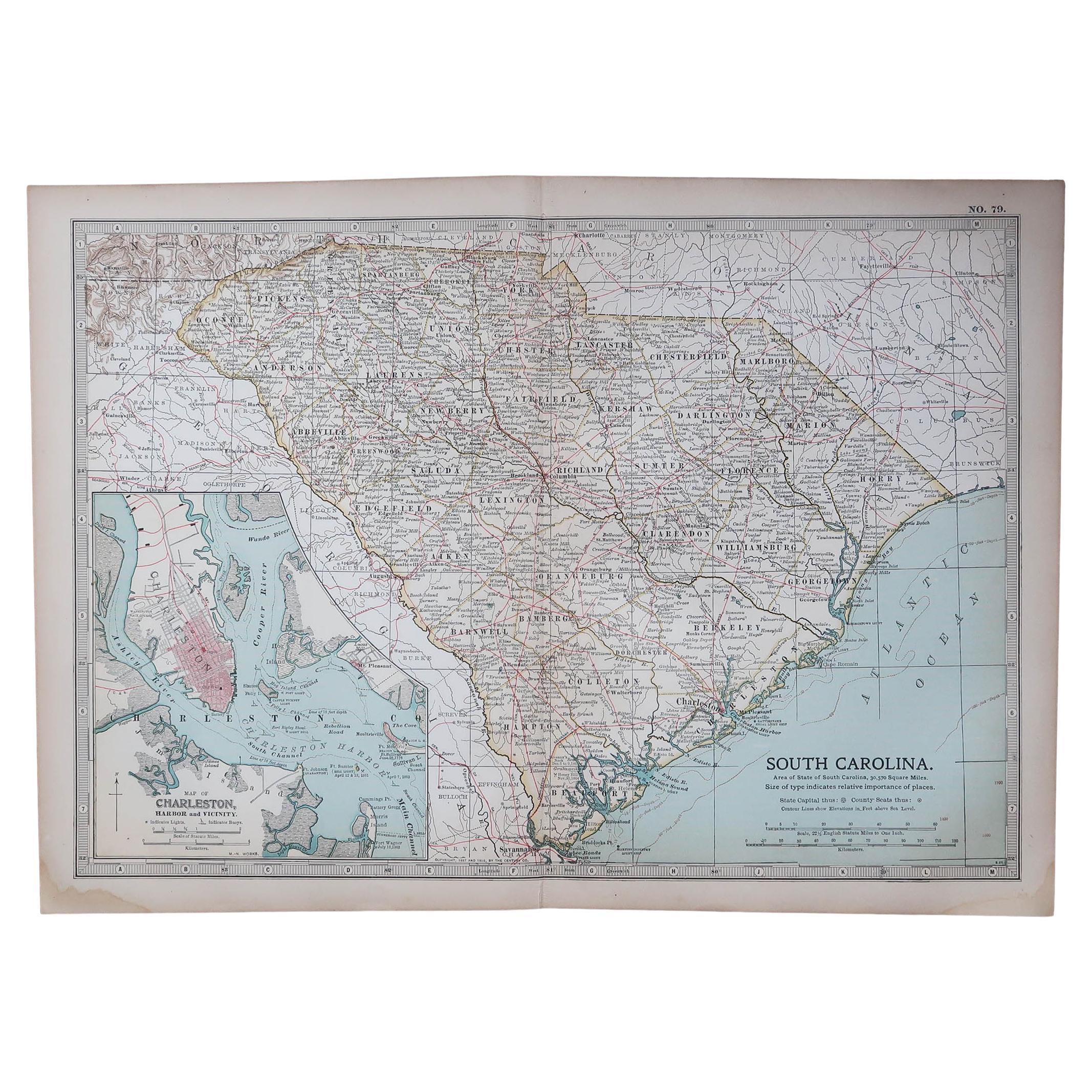 Mapa Antiguo Original del Estado Americano de Carolina del Sur, 1903