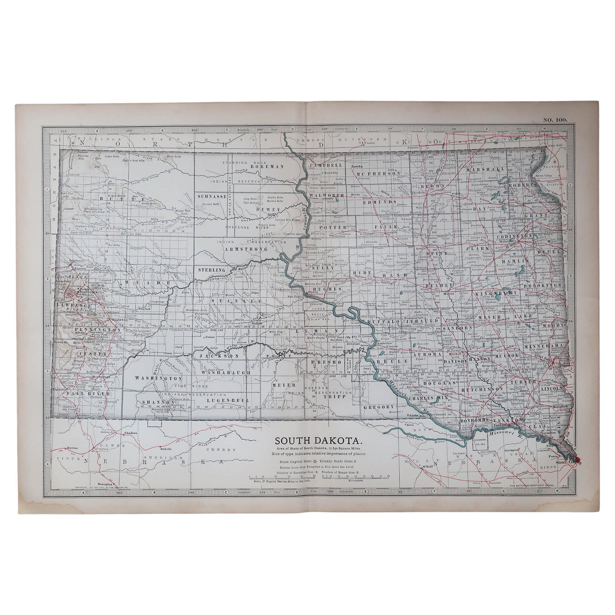 Mapa original antiguo del estado norteamericano de Dakota del Sur, 1903 en venta
