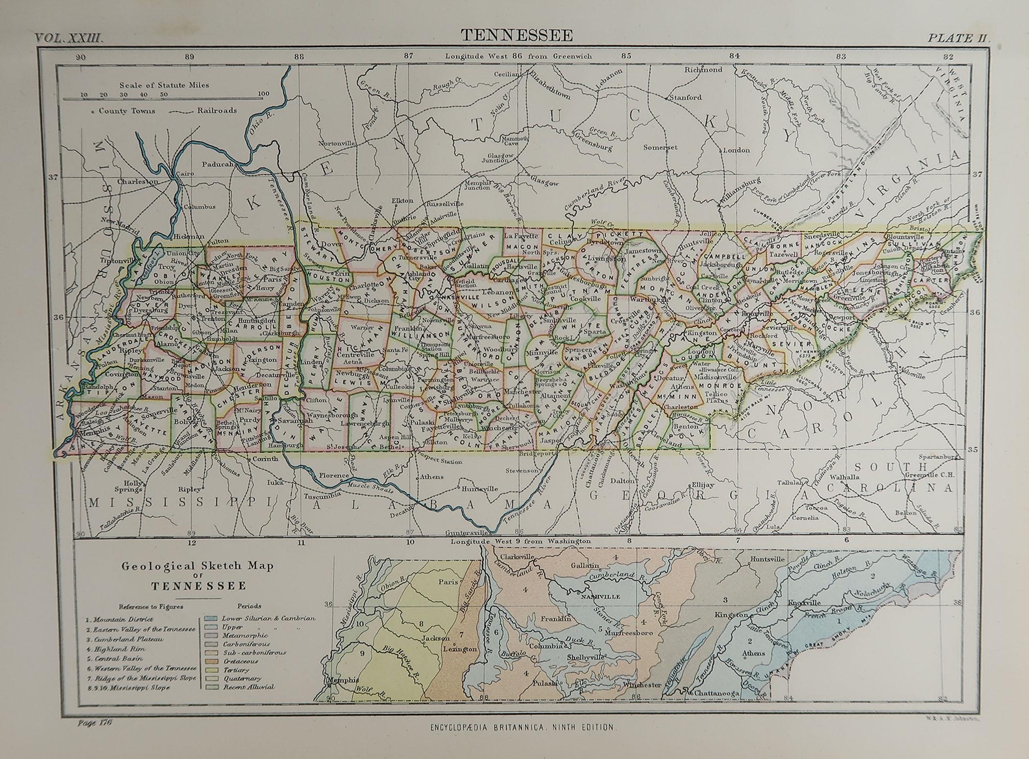 Great map of Tennessee

Drawn and engraved by W. & A.K. Johnston

Published By A & C Black, Edinburgh.

Original colour

Unframed.








 