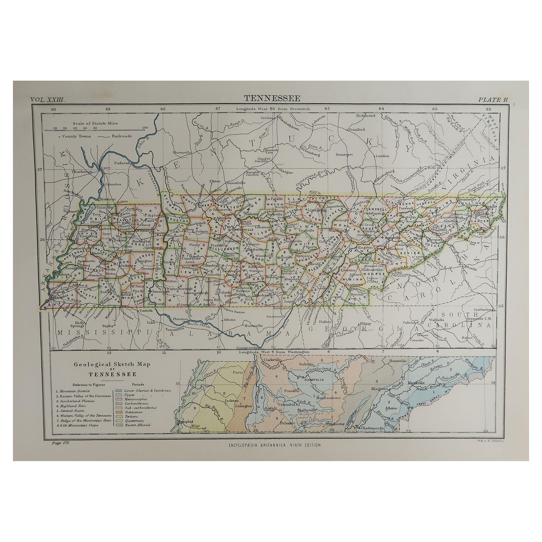 Original Antique Map of The American State of Tennessee, 1889