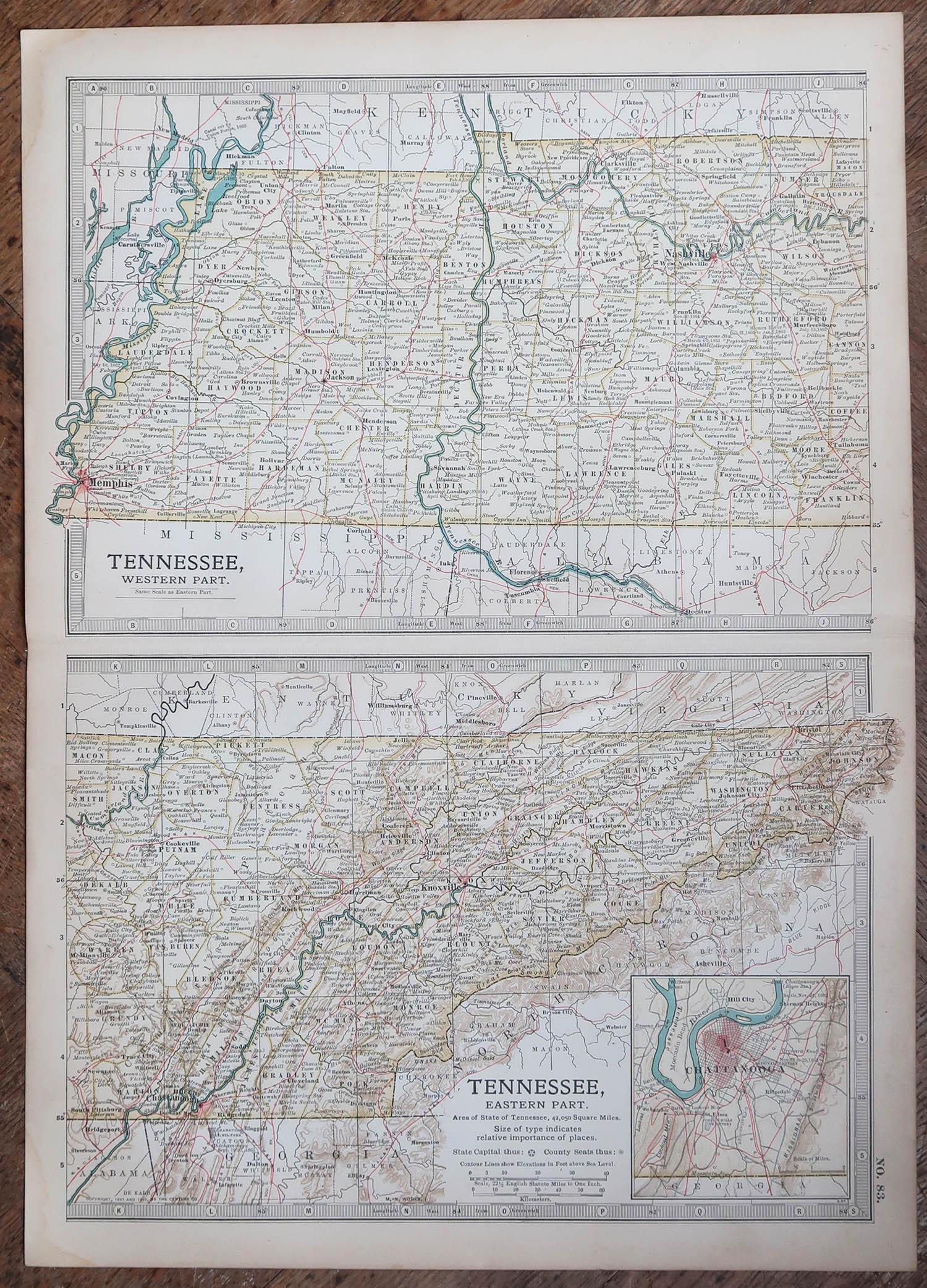 Anglais Carte ancienne de l'État américain du Tennessee, 1903 en vente