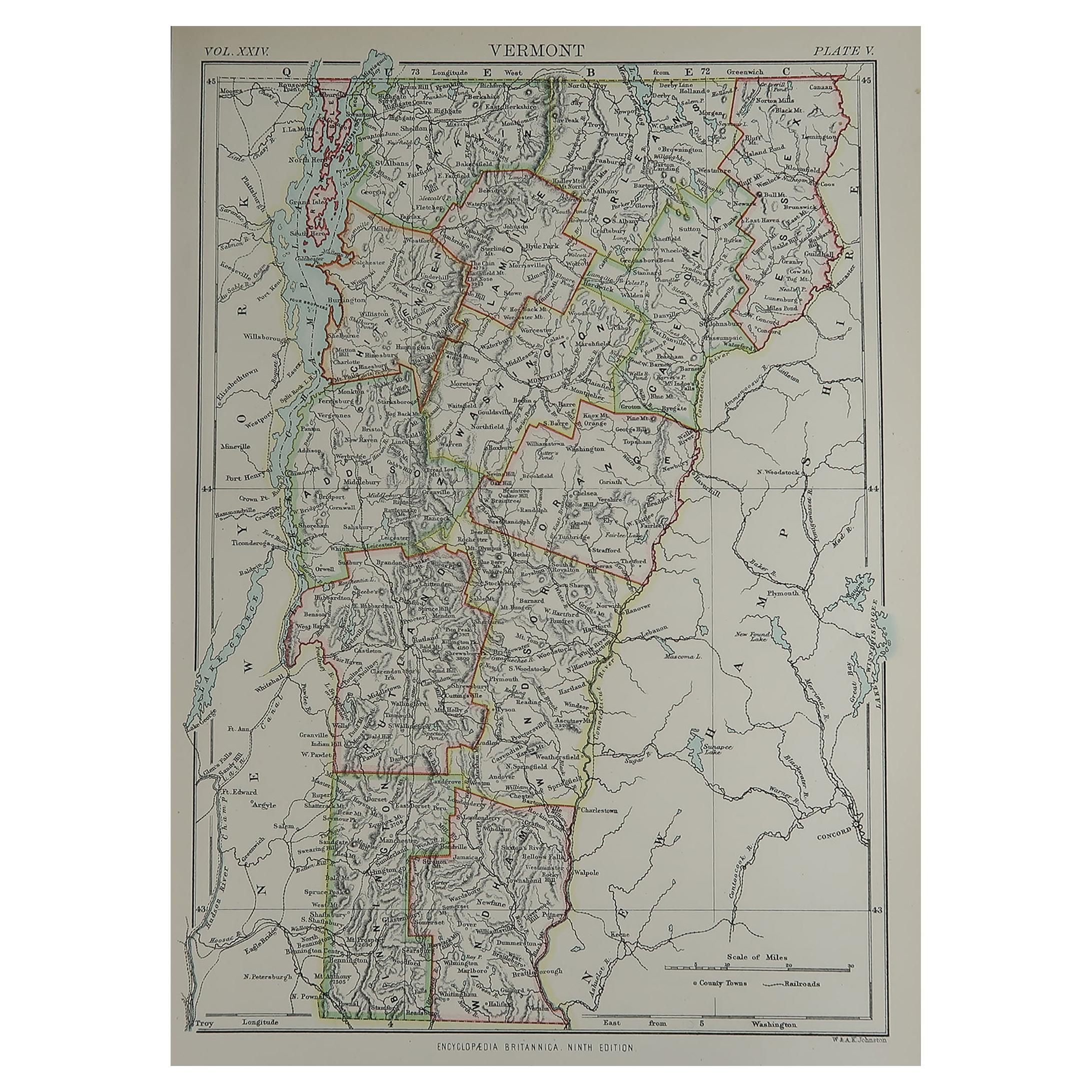 Original Antique Map of The American State of Vermont, 1889
