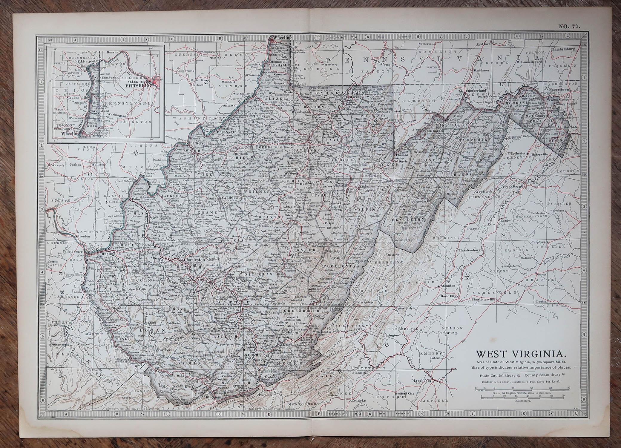 Antique map of West Virginia

Published By A & C Black. 1903

Original colour

Good condition

Unframed.

Free shipping








