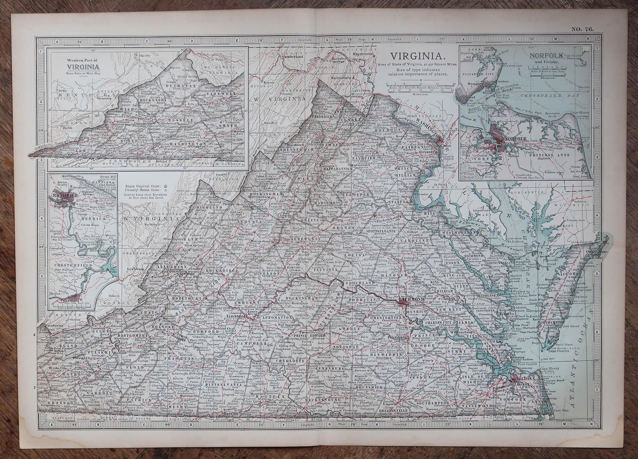 Mapa original antiguo del estado norteamericano de Virginia, 1903 Inglés en venta