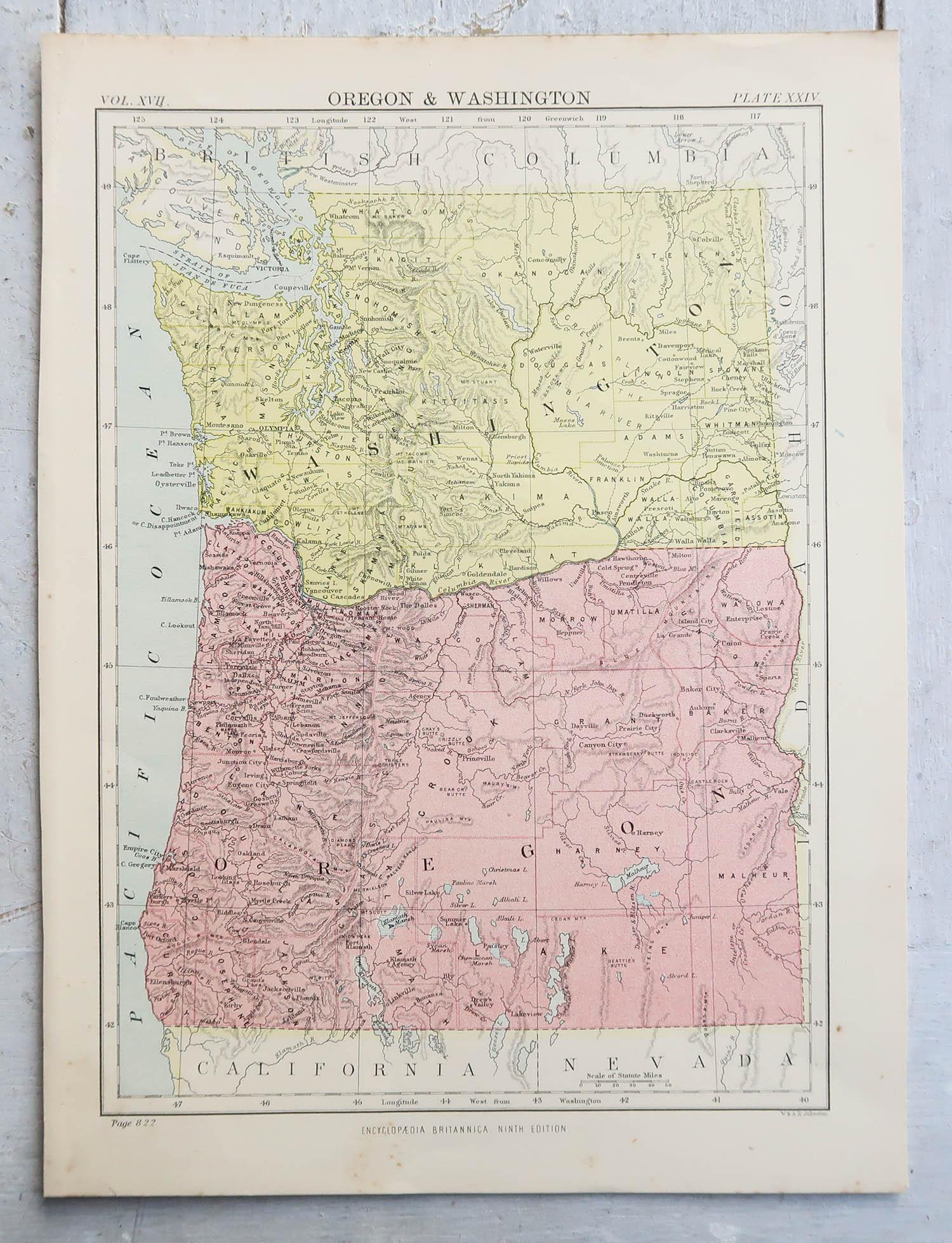 Victorian Original Antique Map of the American State of Washington, 1889 For Sale