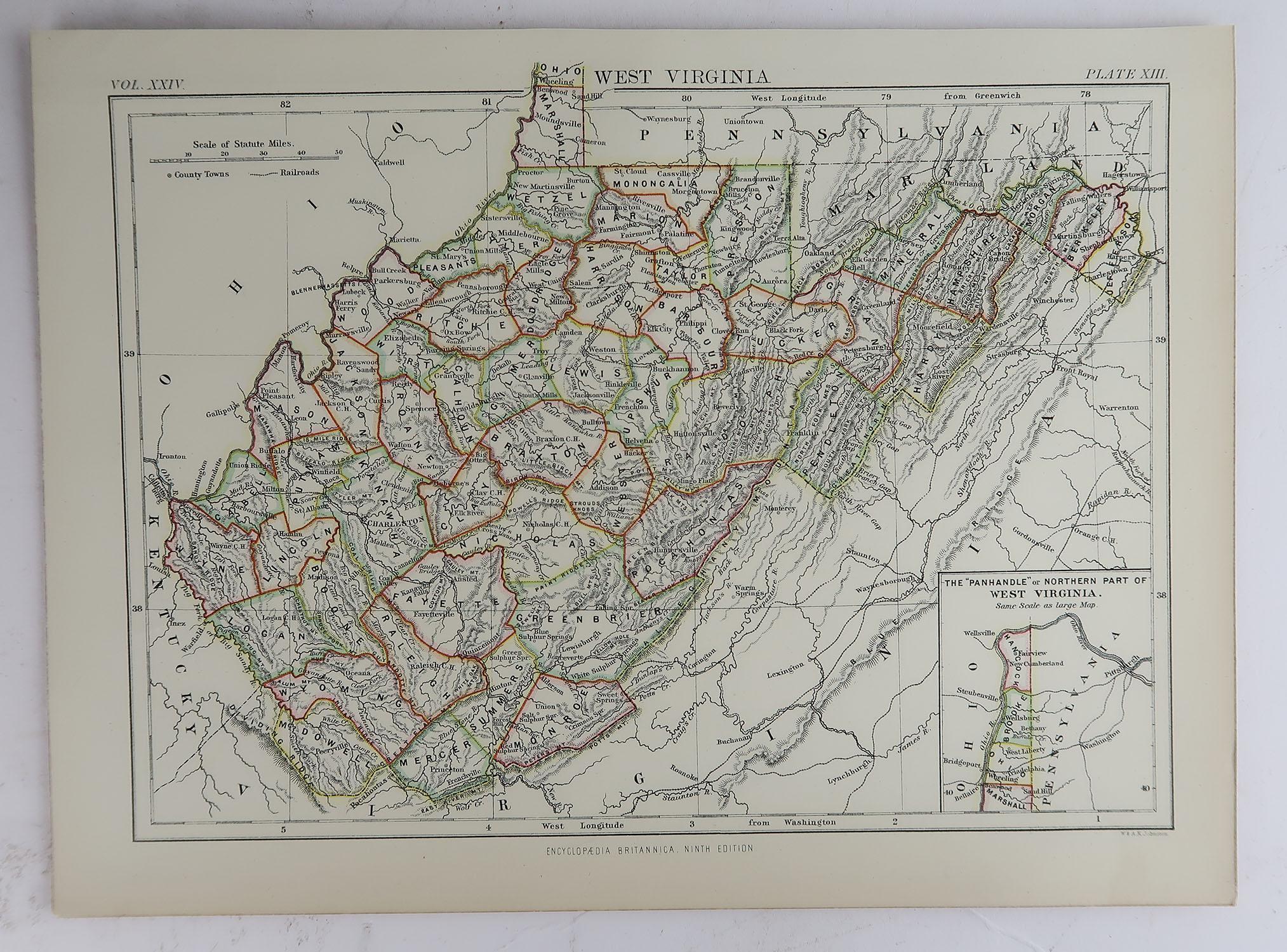 Victorian Original Antique Map of The American State of West Virginia, 1889