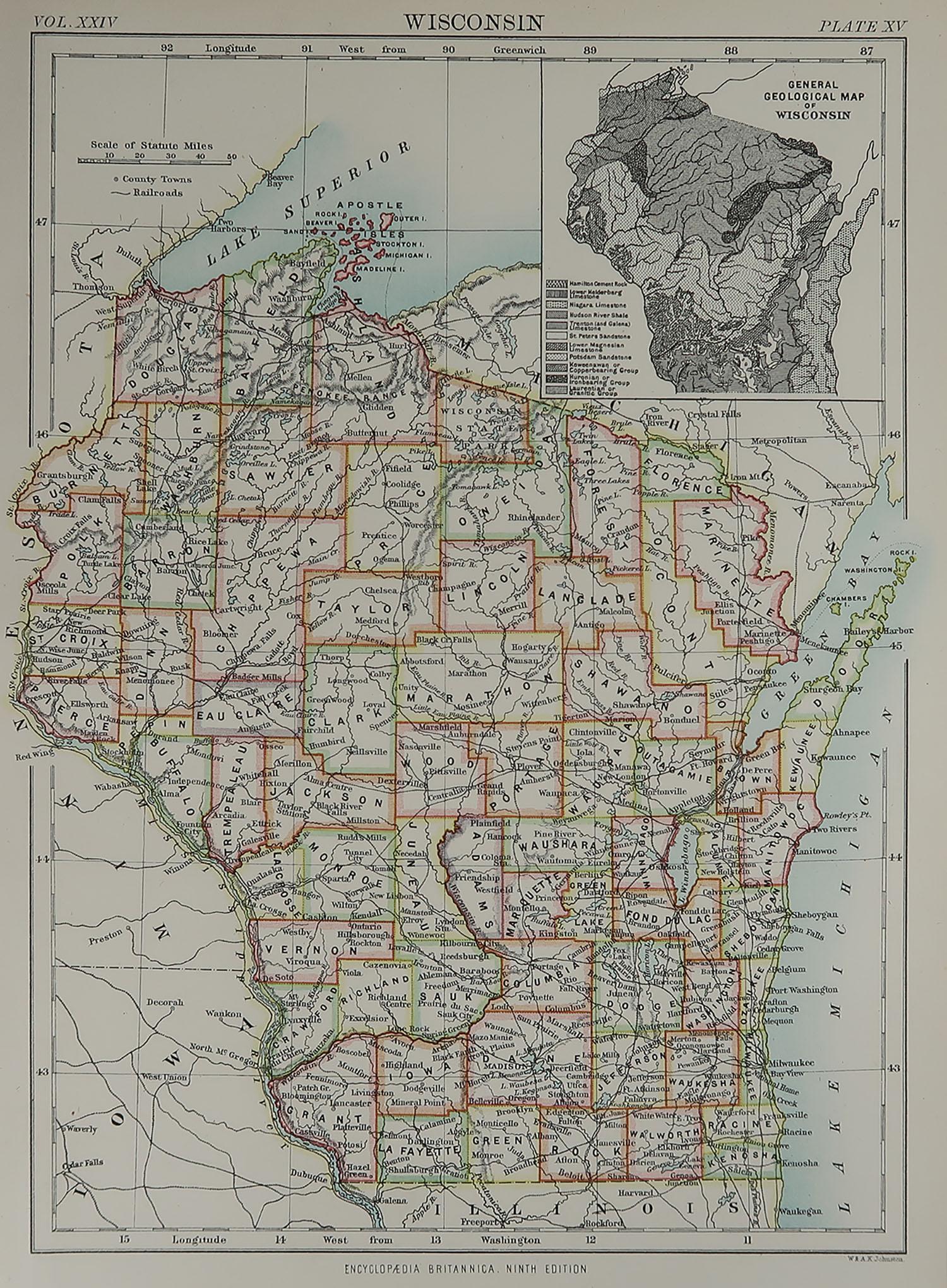 Great map of Wisconsin

Drawn and Engraved by W. & A.K. Johnston

Published By A & C Black, Edinburgh.

Original colour

Unframed.








 