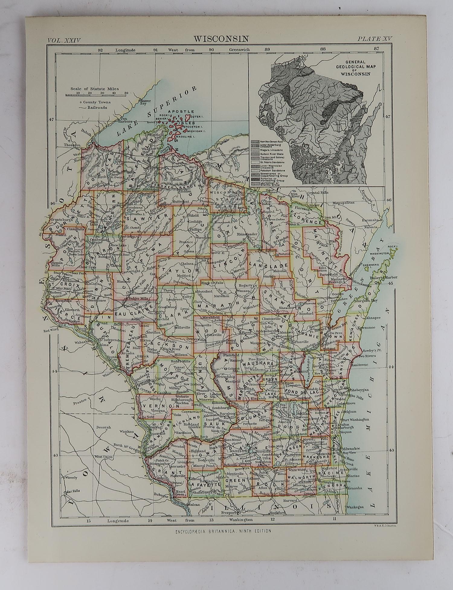 Victorian Original Antique Map of The American State of Wisconsin, 1889