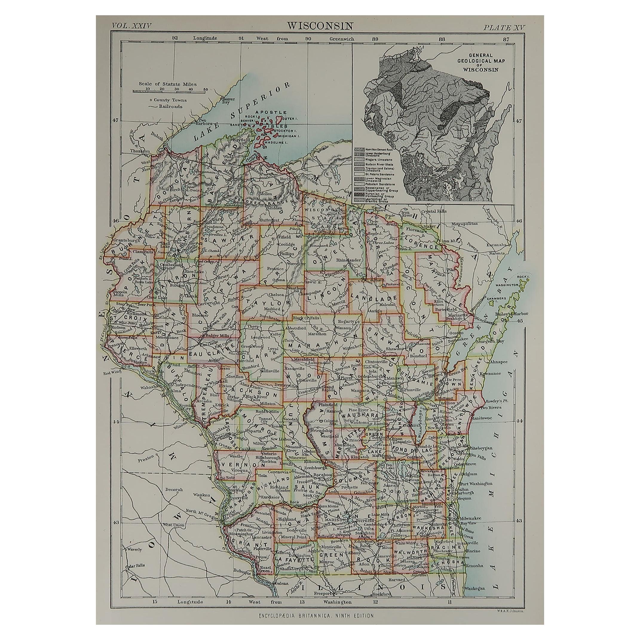 Original Antique Map of The American State of Wisconsin, 1889