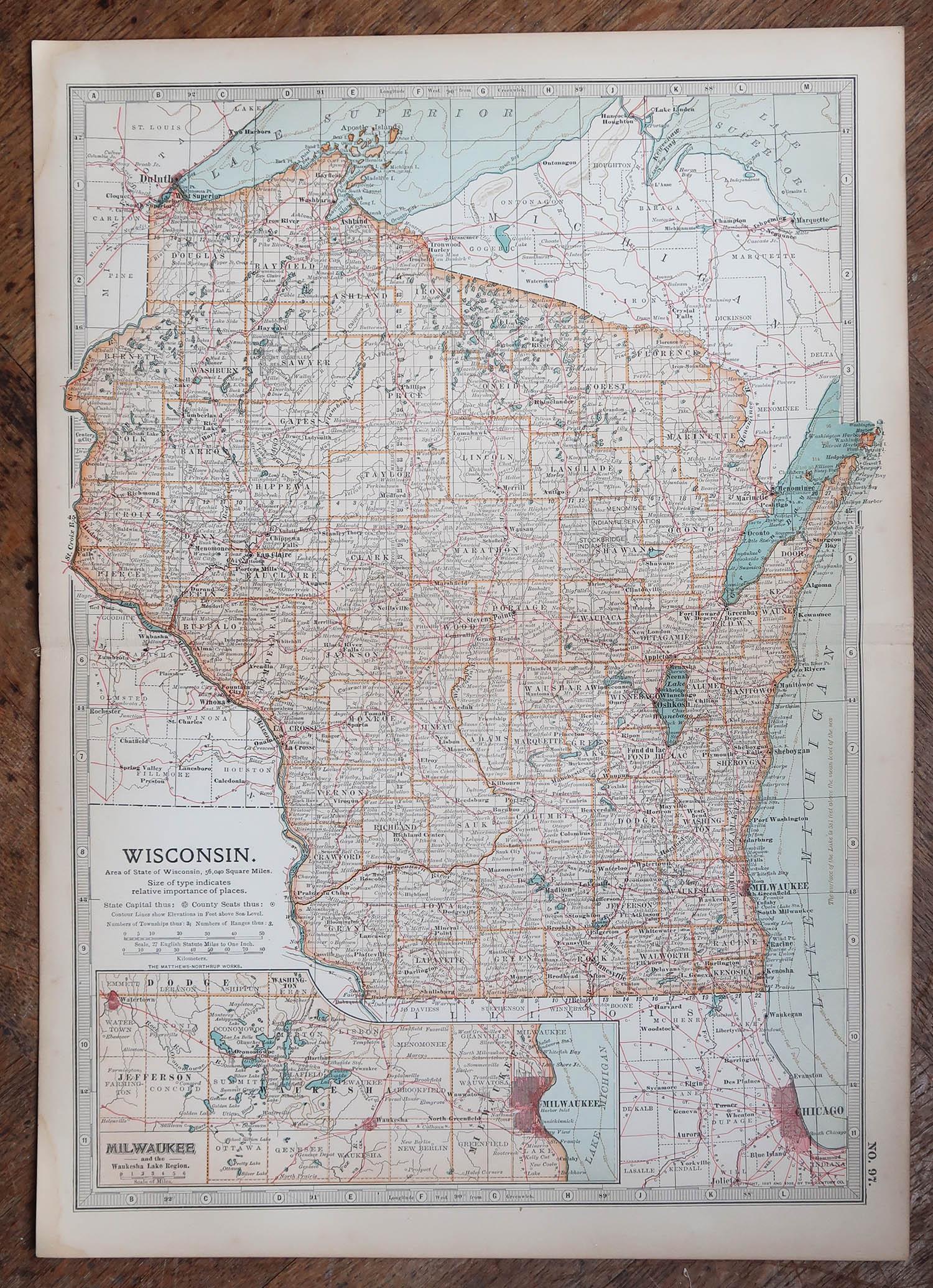 Original Antike Karte des amerikanischen Staates Wisconsin, 1903 (Sonstiges) im Angebot