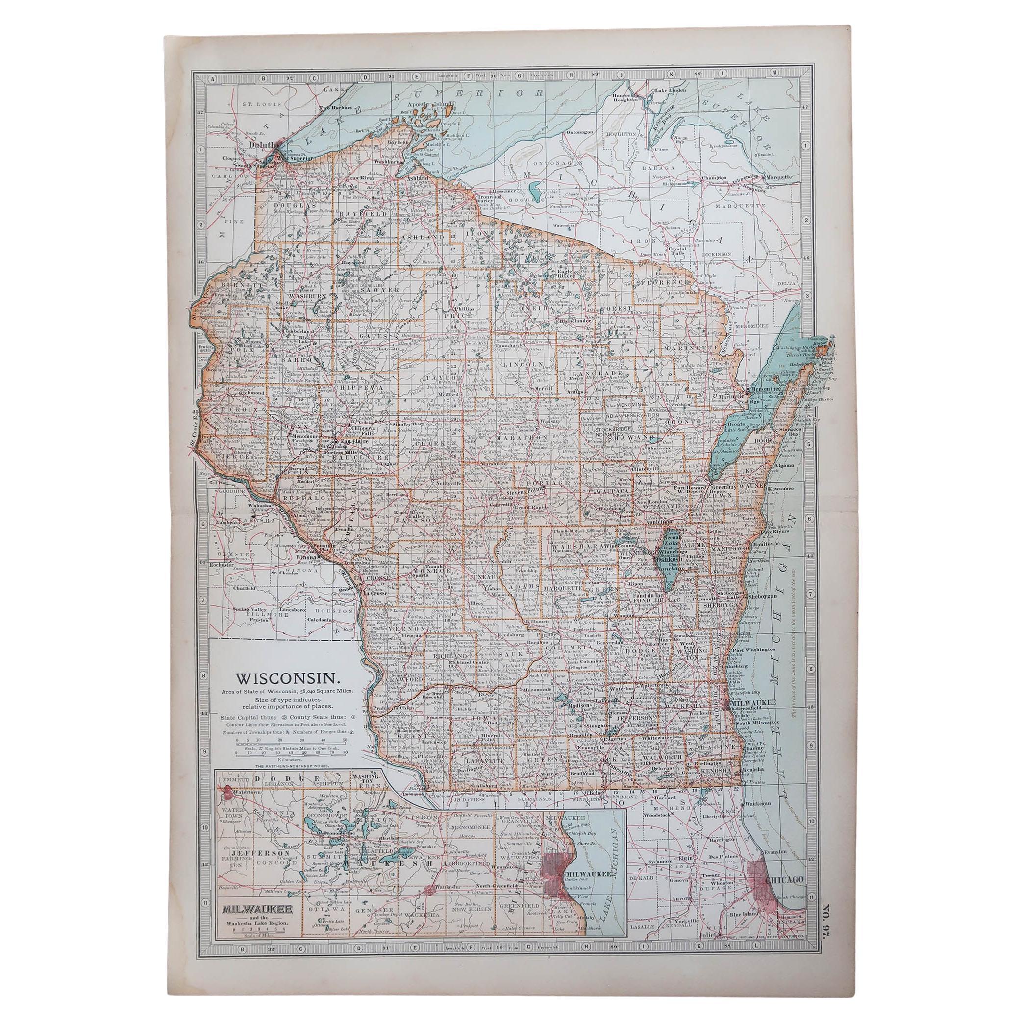 Original Antike Karte des amerikanischen Staates Wisconsin, 1903 im Angebot