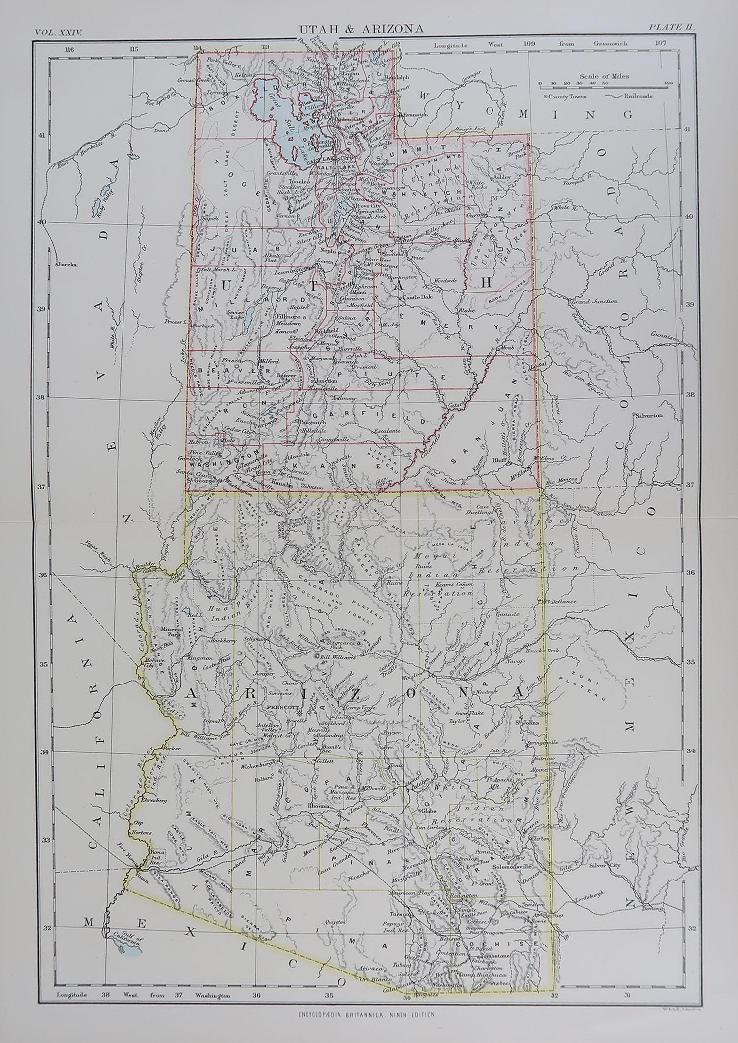 Great map of Utah and Arizona

Drawn and Engraved by W. & A.K. Johnston

Published By A & C Black, Edinburgh.

Original colour

Unframed.








 