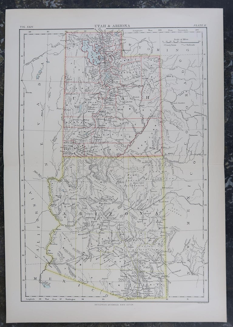 Victorian Original Antique Map of The American States of Utah & Arizona, 1889 For Sale